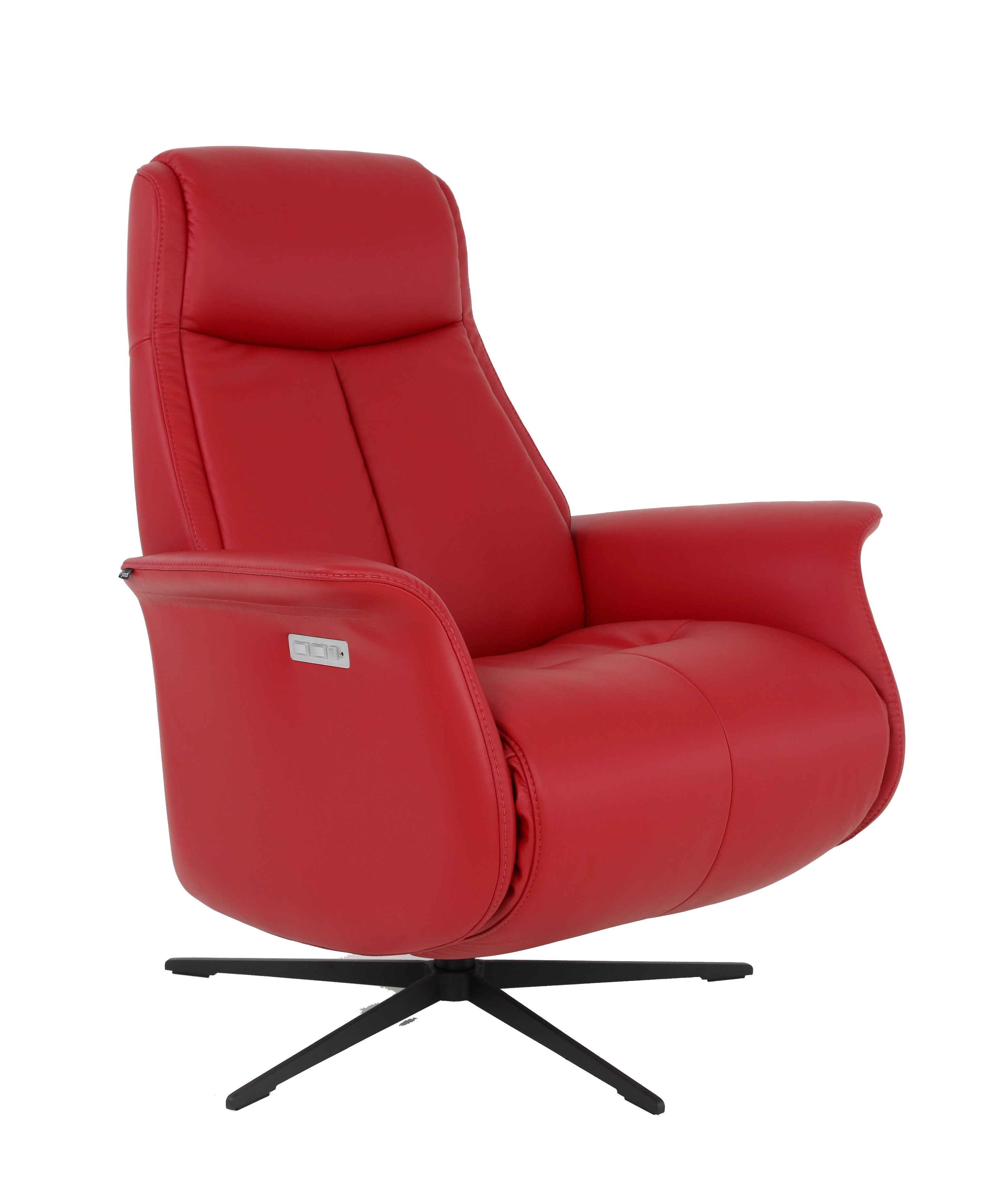 A contemporary design with a gray leather upholstery, featuring a manual release angle, height adjustable headrest, and a swivel base. in a red leather