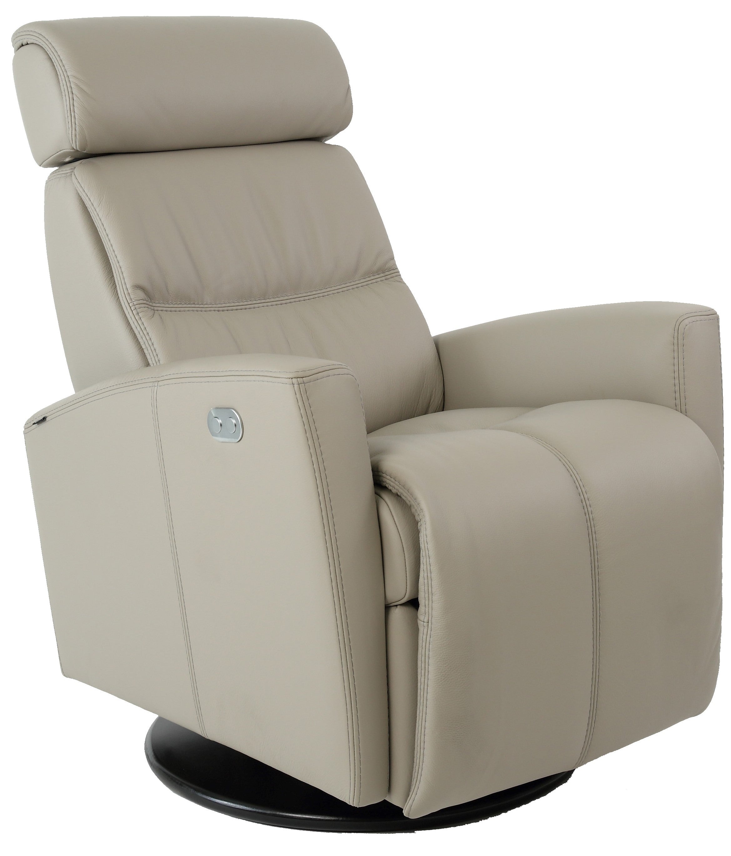 milan recliner in AL Cement leather showing an electronic adjustable headrest