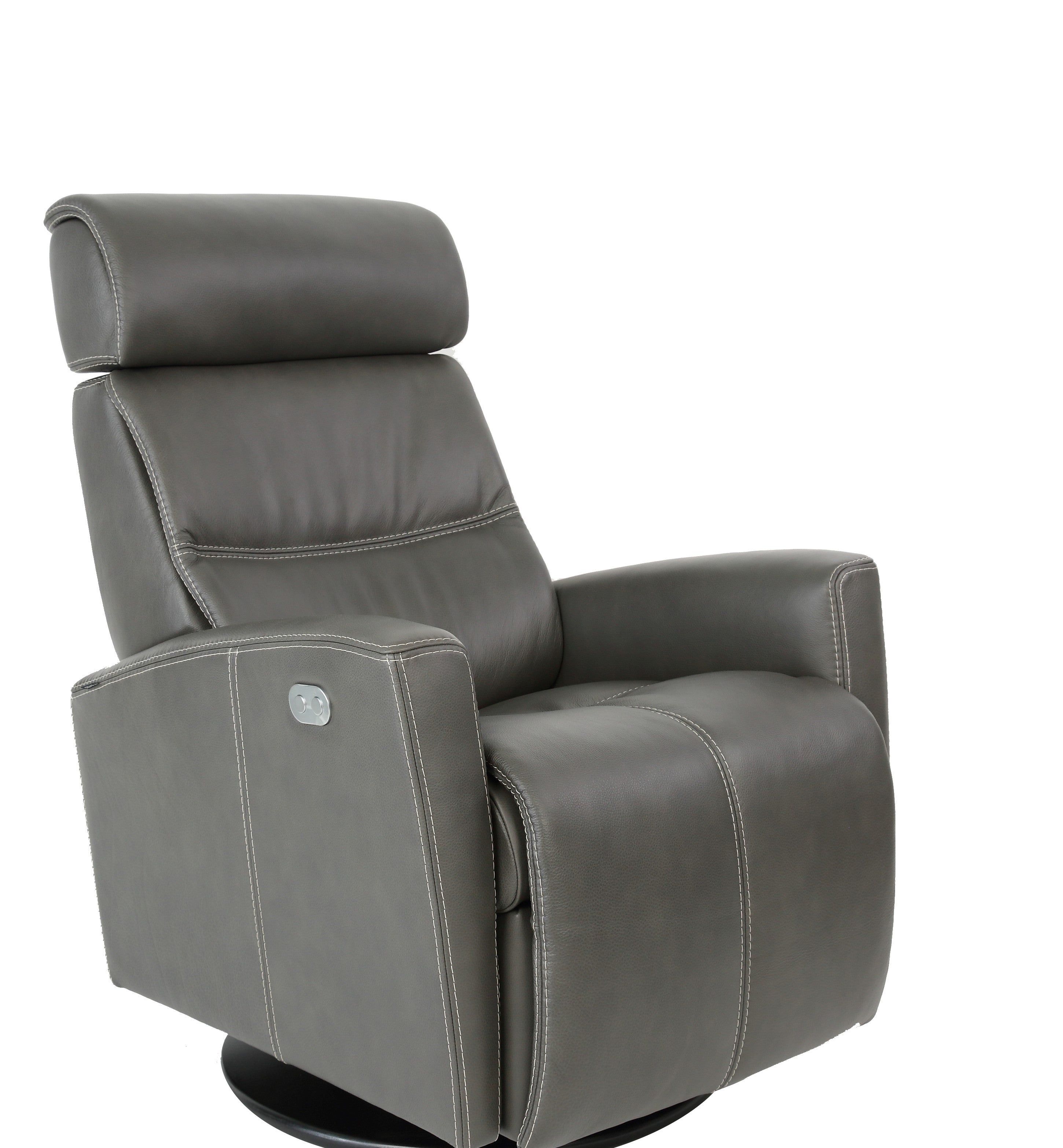 milan recliner in slate/black leather showing an electronic adjustable headrest