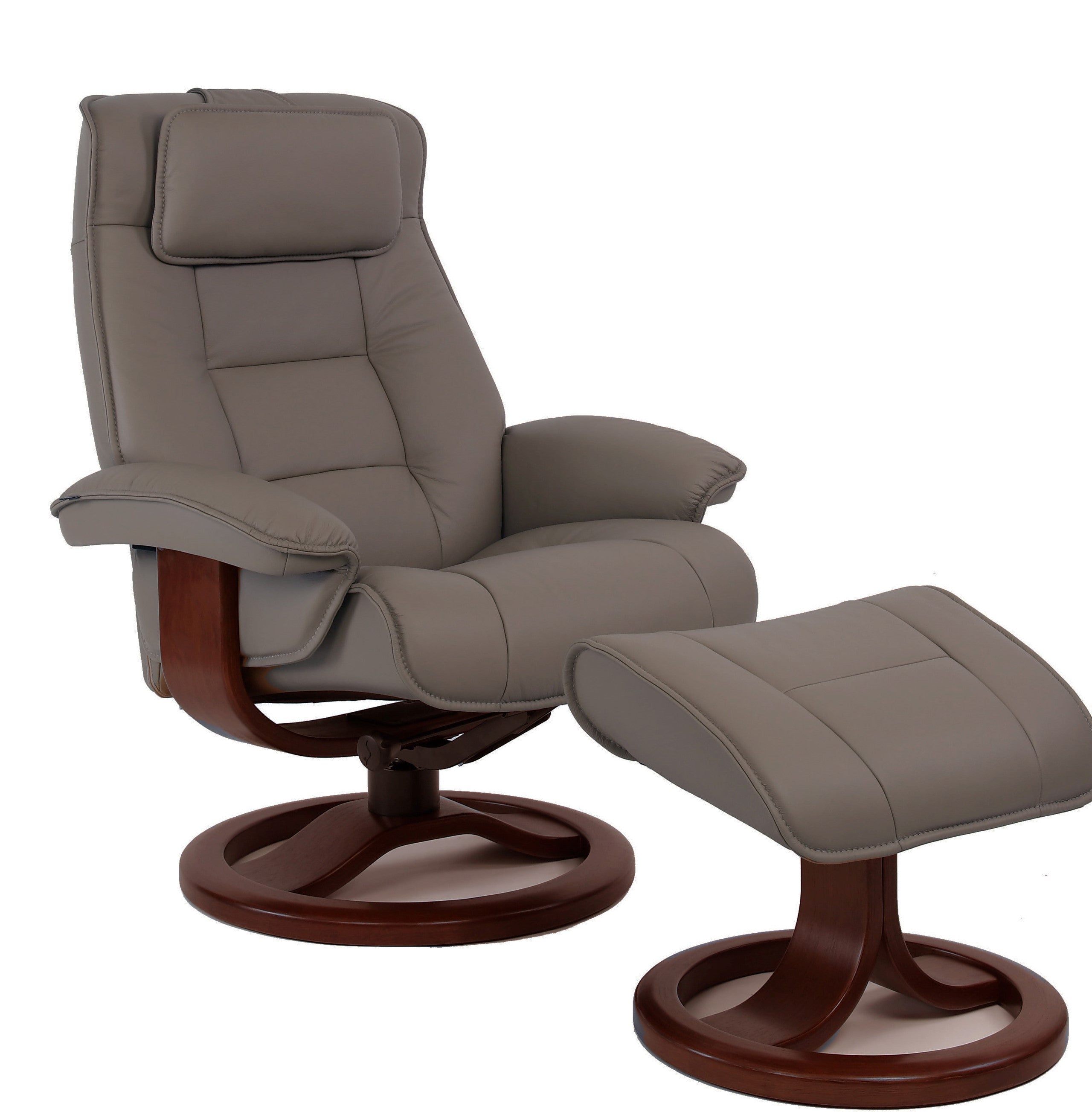 A dark brown Fjords Mustang recliner with a wooden base and neck pillow, featuring a remote control on the right armrest.