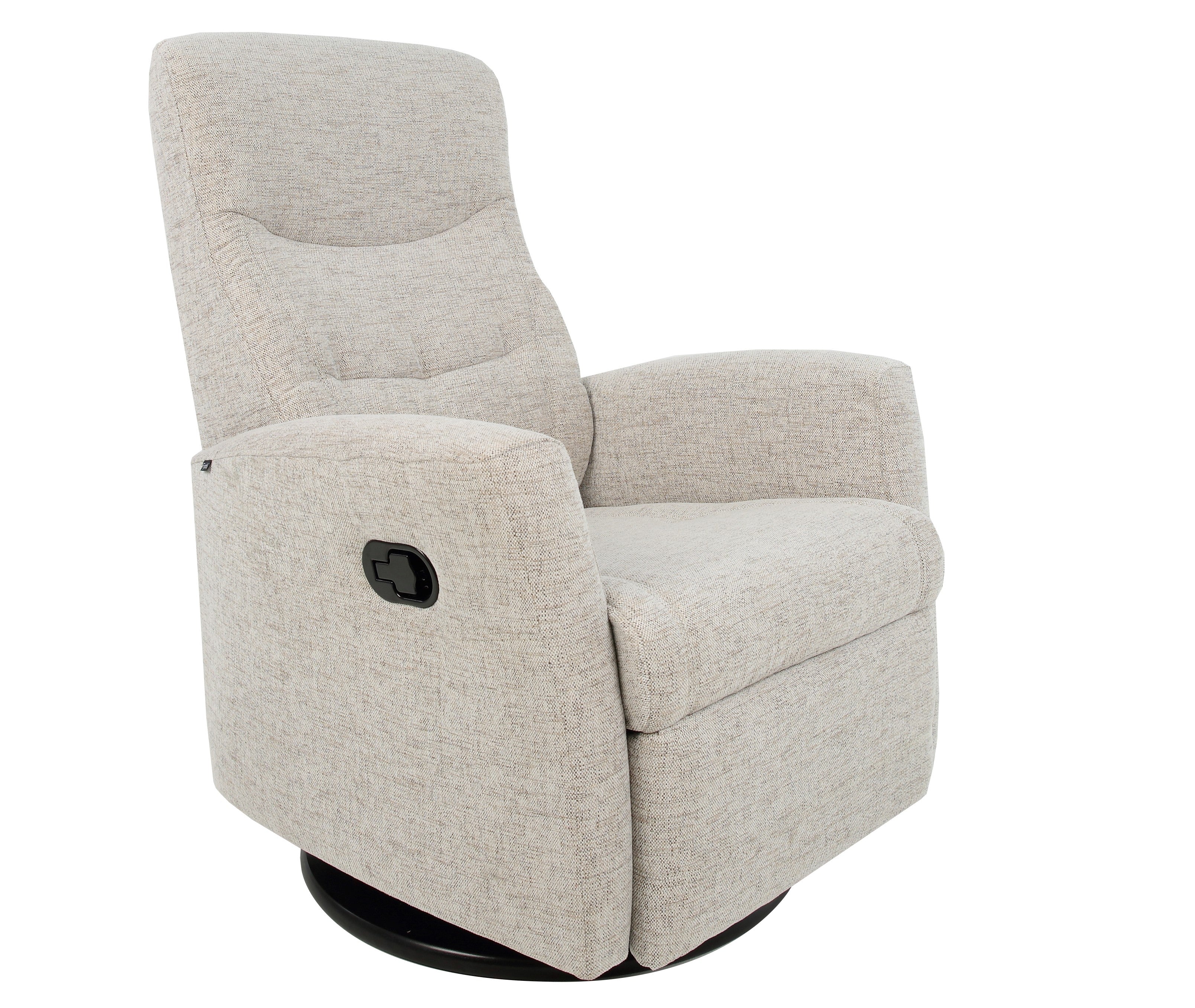 A light upholstered Fjords Oslo recliner with manual release headrest angle, featuring a black base.