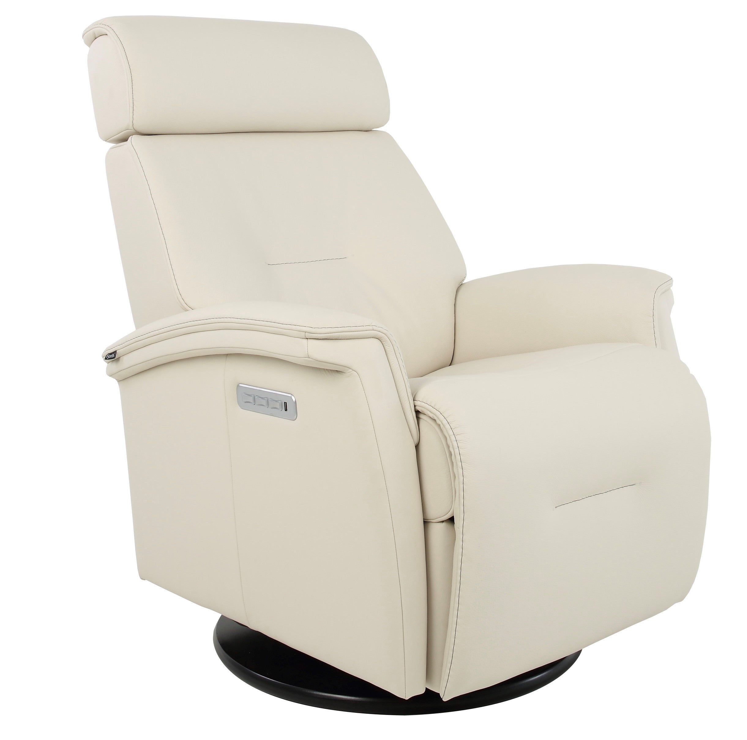 an Ivory/cream color recliner in a white background. 3 toggles showing controls of the chair