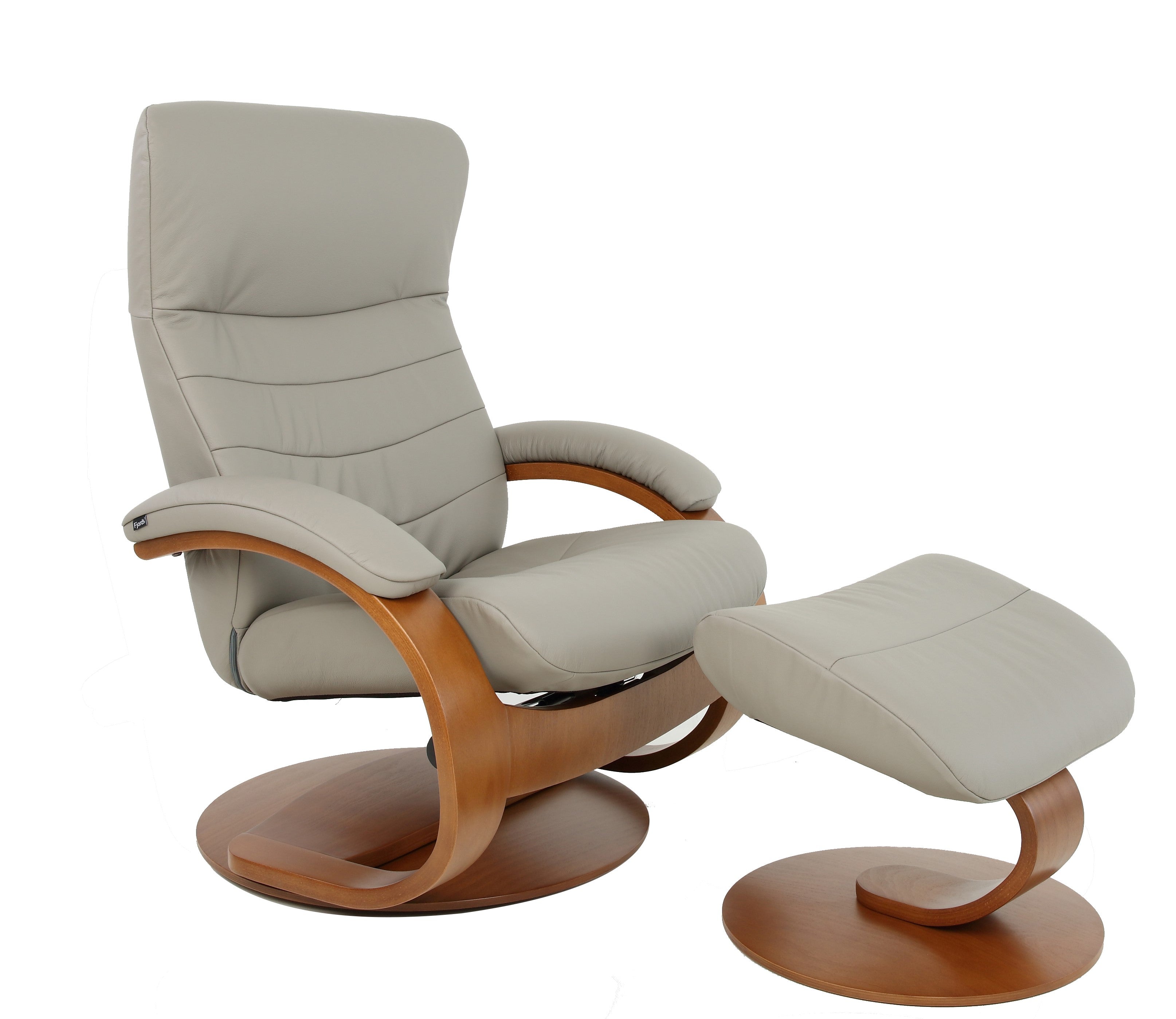 A gray leather Trandal recliner with a wooden frame