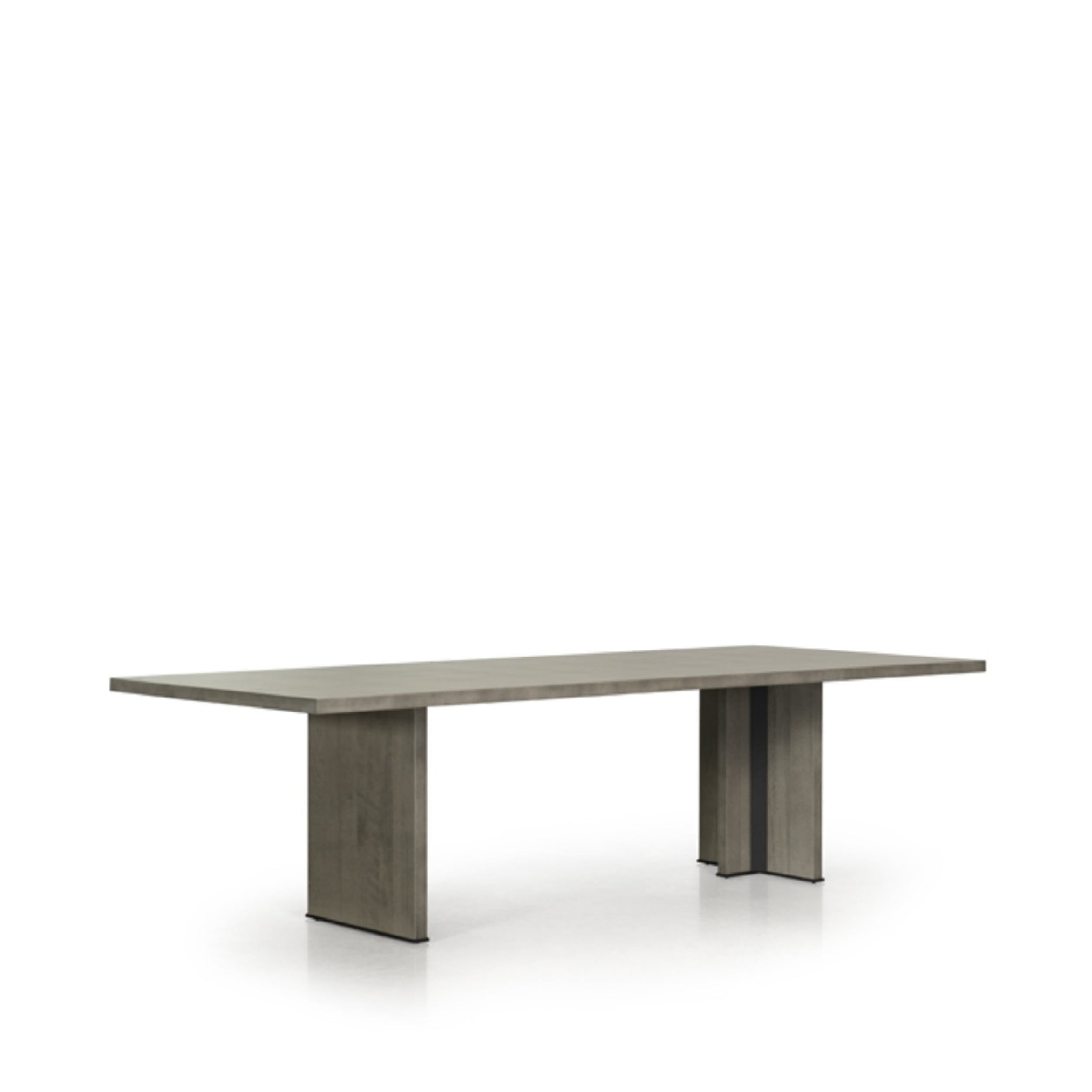 A rectangular dining table with a metal and solid birch wood frame, featuring a solid birch top in a gray finish.