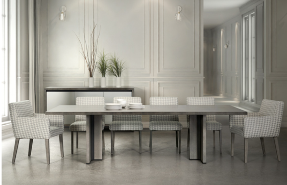 A rectangular dining table with a metal and solid birch wood frame, featuring a solid birch top in a gray finish.