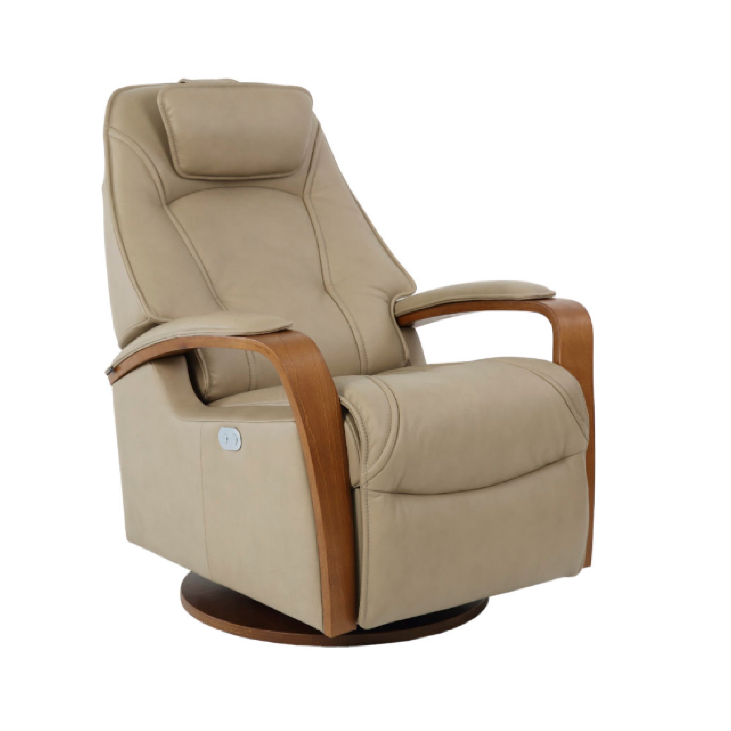 A beige Helsinki recliner with an adjustable pillow and headrest, featuring wooden armrests and a round base.