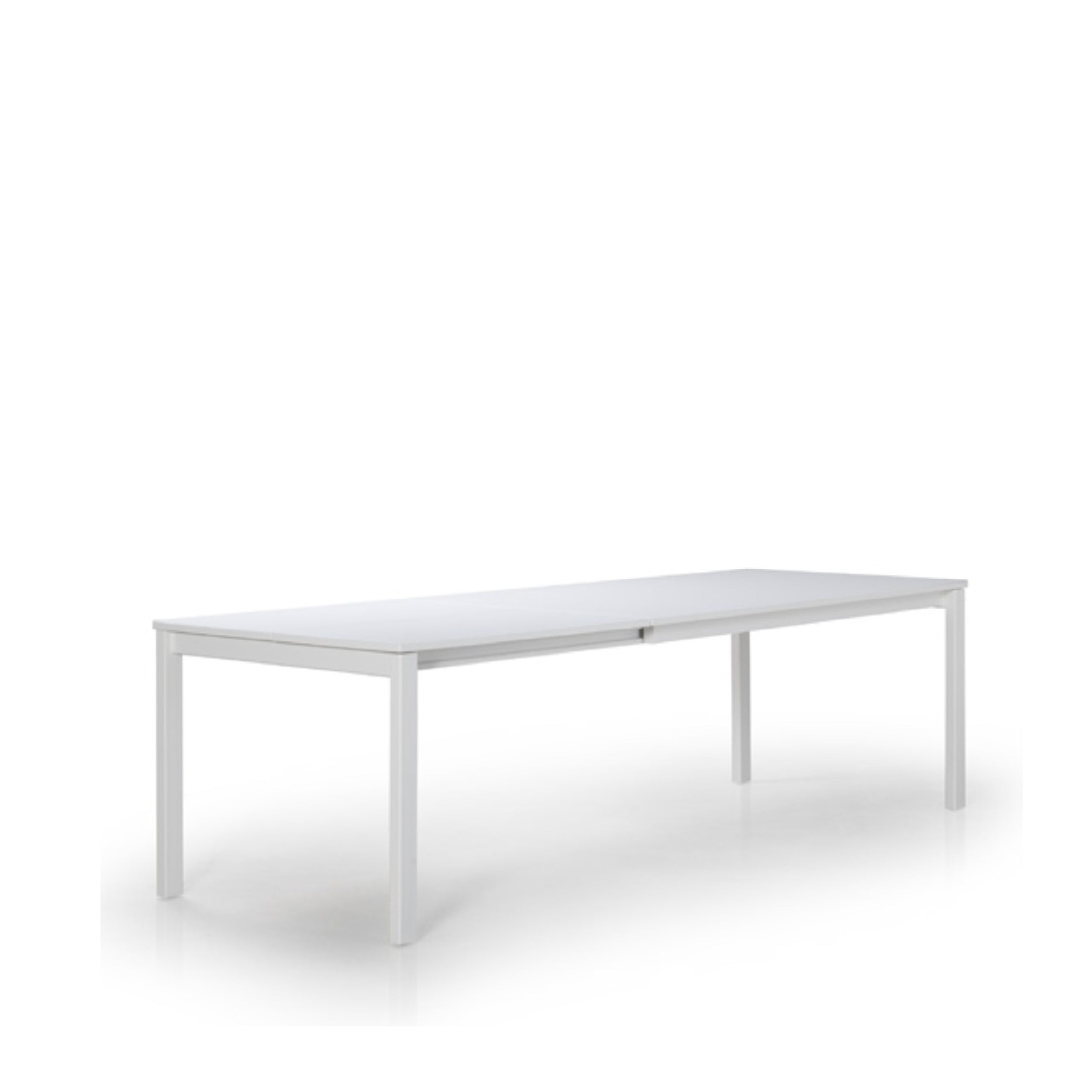 A white rectangular dining table with a visible metal frame and a white tabletop.