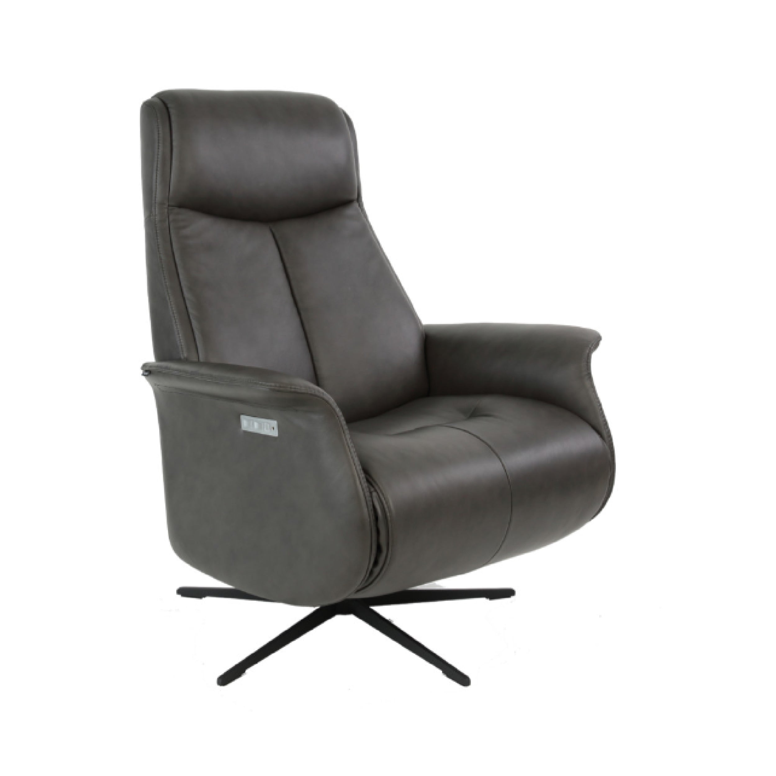A contemporary design with a gray leather upholstery, featuring a manual release angle, height adjustable headrest, and a swivel base.