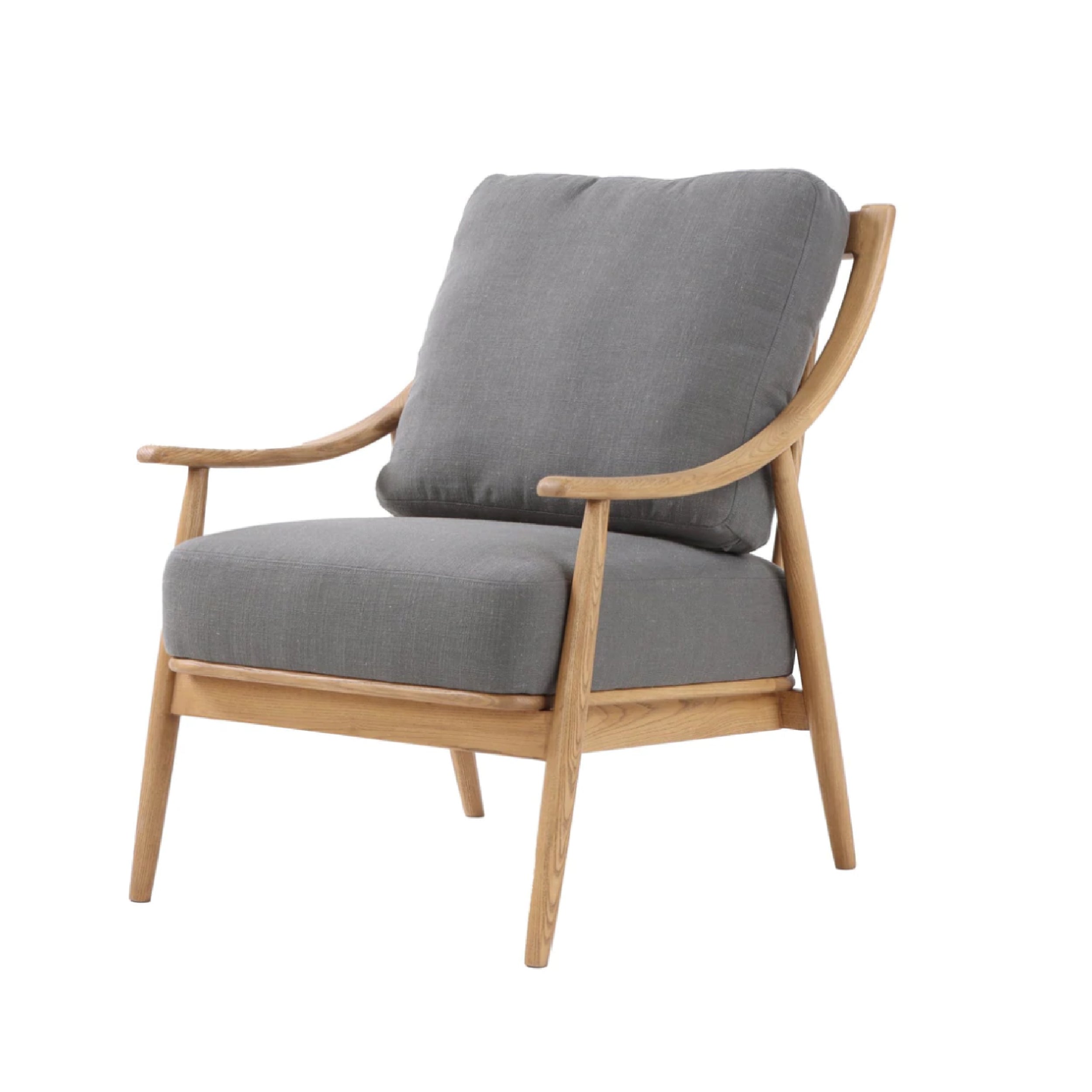 A contemporary club chair with a gray cushion and a wooden frame and armrests.