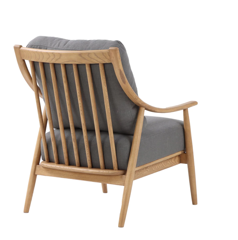 backview of the kinsley club chair with a wood frame and grey fabric back cushion and seat