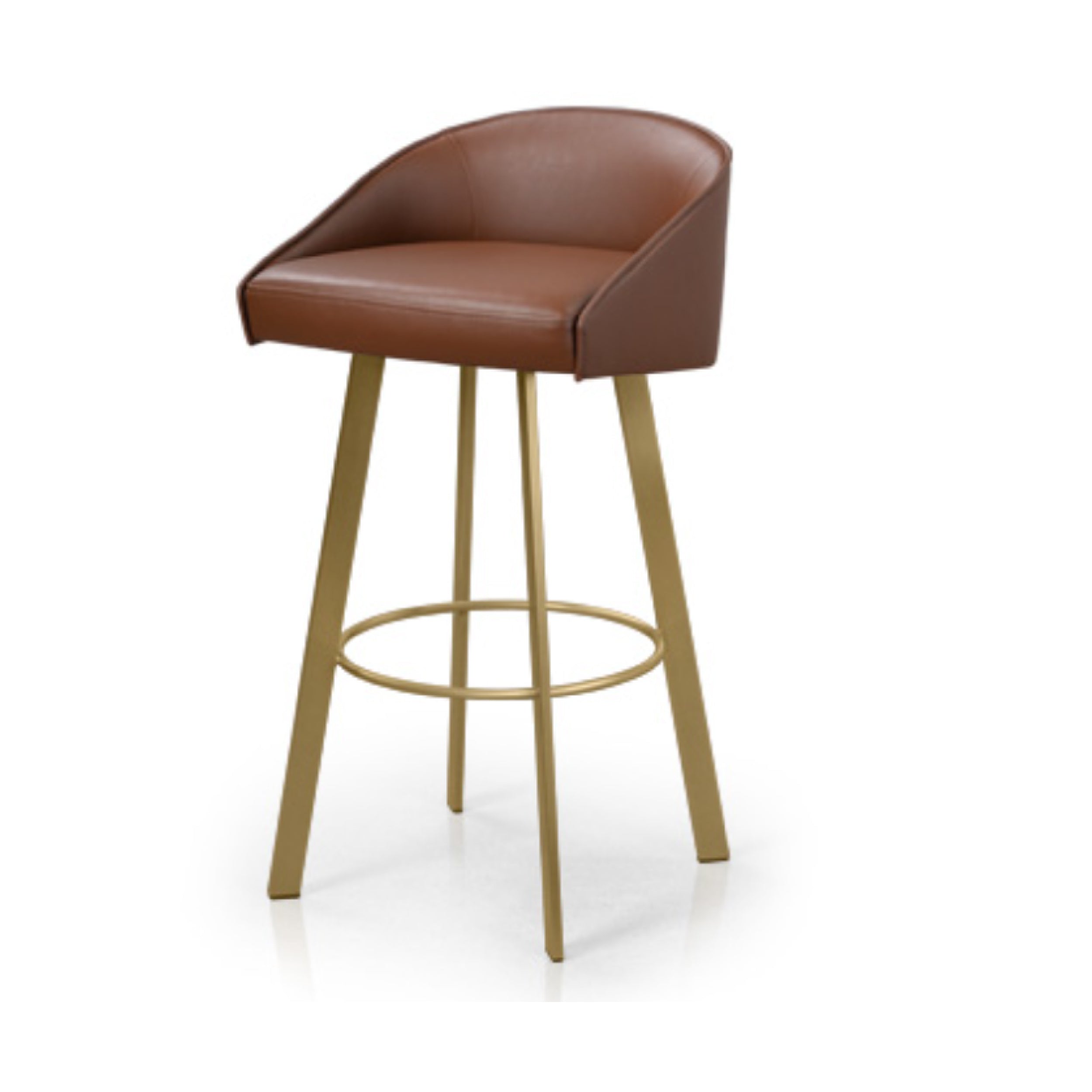 A brown upholstered bar stool with a gold-colored fully welded base and a comfort seat cushion.