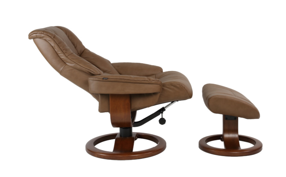 A brown leather Fjords Loen chair with a variable adjustment, featuring a wood base and a 360 degree swivel. The chair is shown in a reclined position.