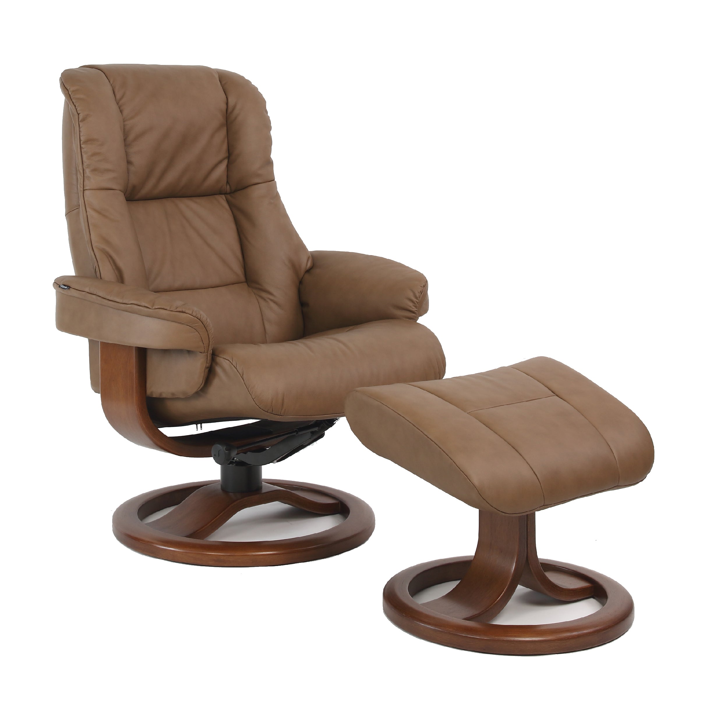 A brown leather Fjords Loen chair with a variable adjustment, featuring a wood base and a 360 degree swivel. The chair is shown in a reclined position.