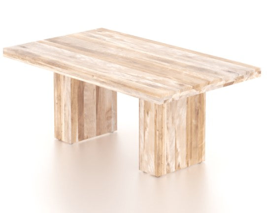 A rectangular wood top table with a natural washed finish and visible grain, featuring a rustic style. The table has a visible metal PS base.