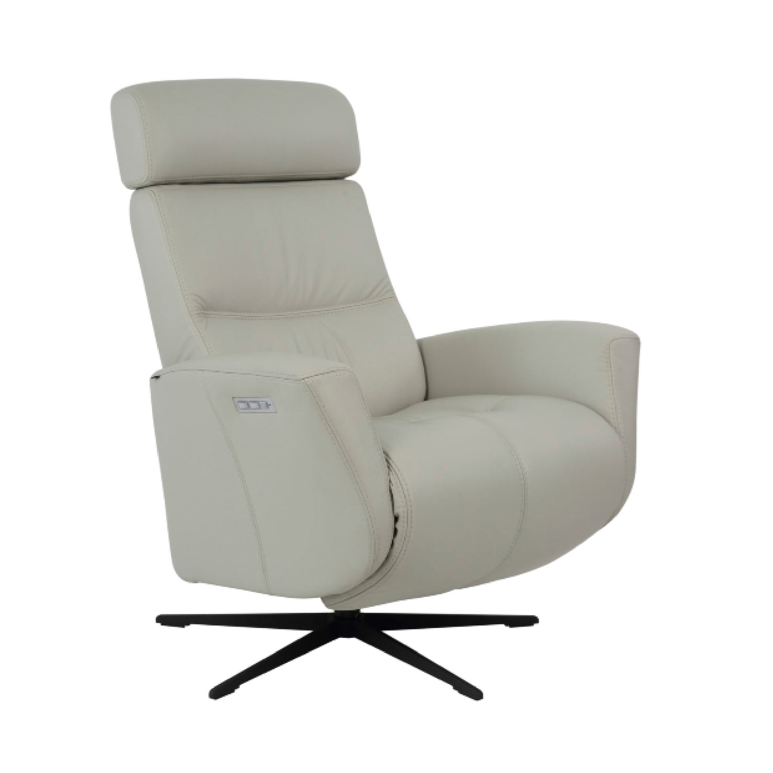 light grey electronic recliner where you can control the back and footrest separately. Manual adjustable headrest