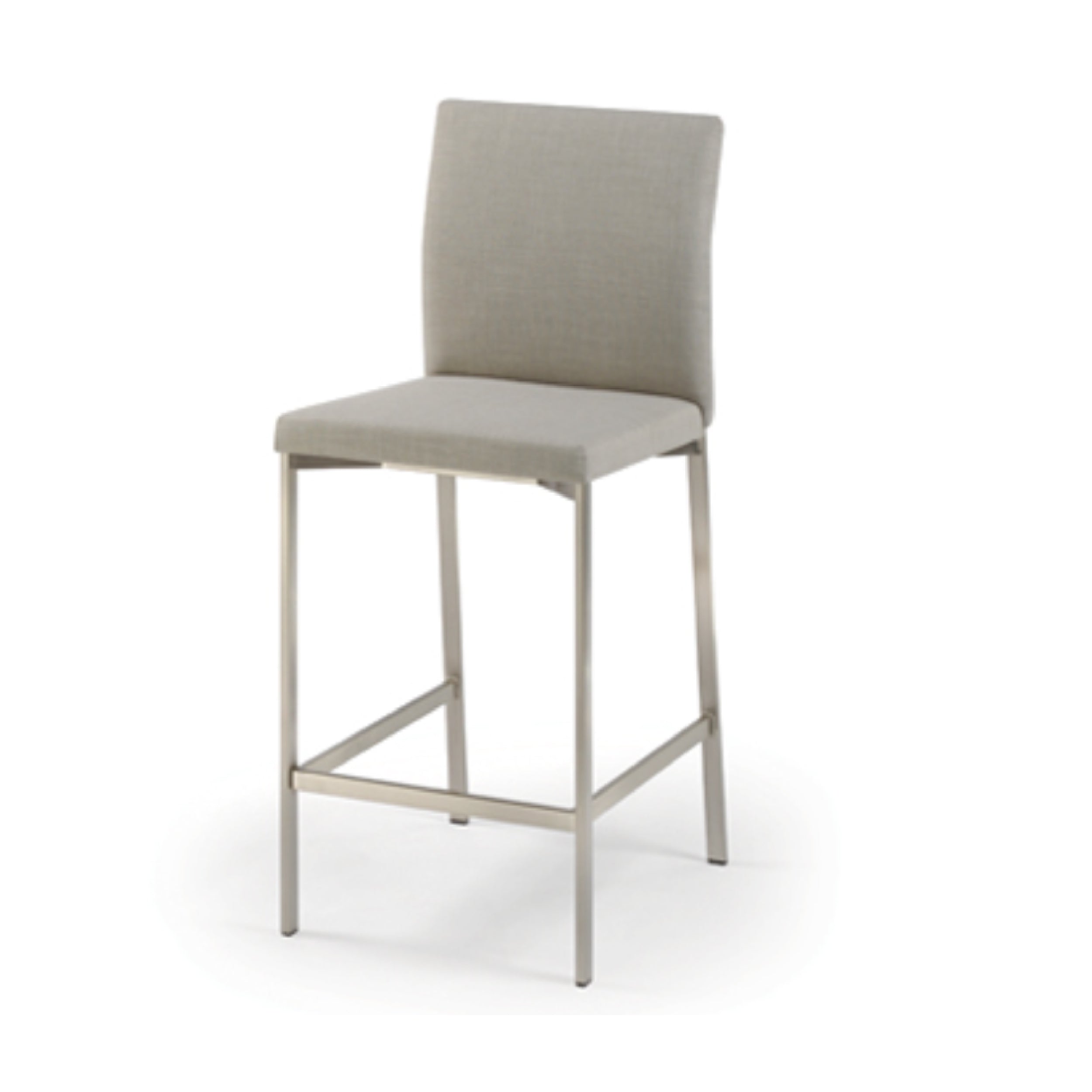 A silver-colored, fully welded frame Mancini stool with a cushioned seat and backrest upholstered in a neutral fabric.