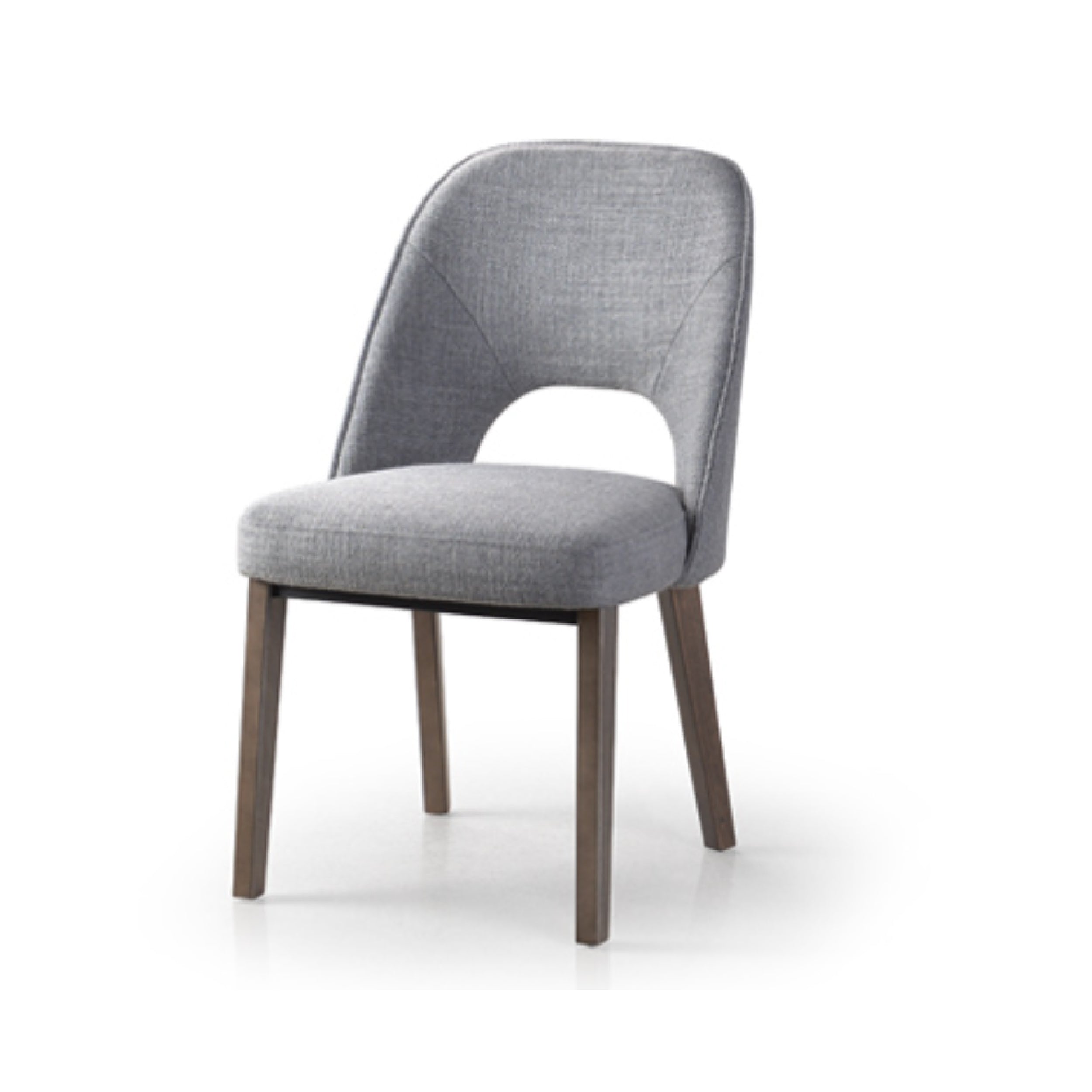 A modern gray upholstered dining chair with a metal frame and solid red oak legs.