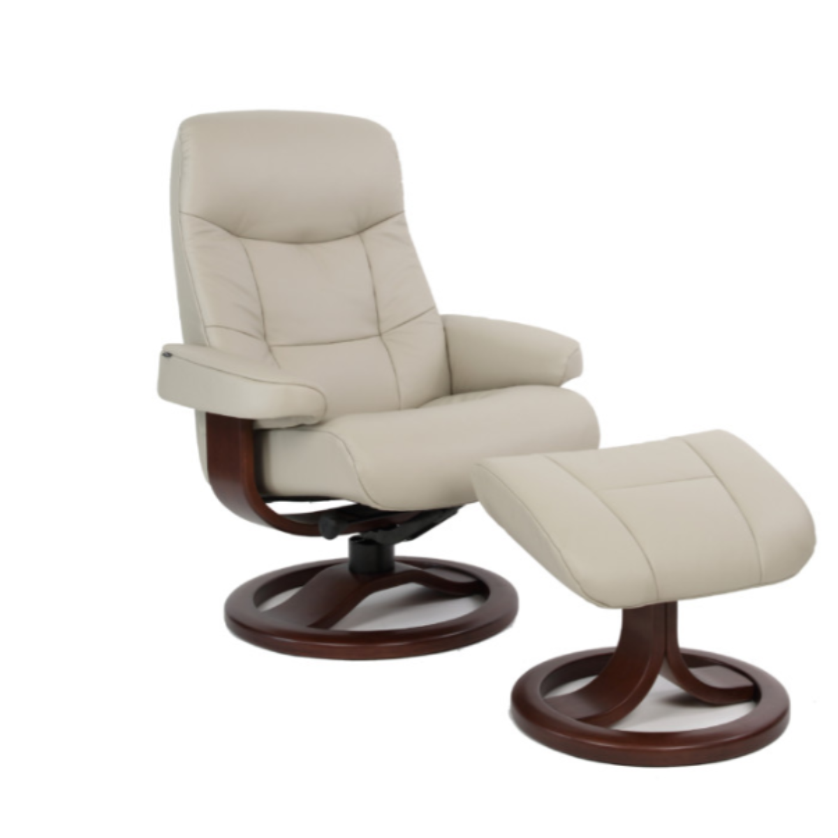 A beige upholstered Fjords Muldal recliner with a wooden base, featuring a round ottoman.