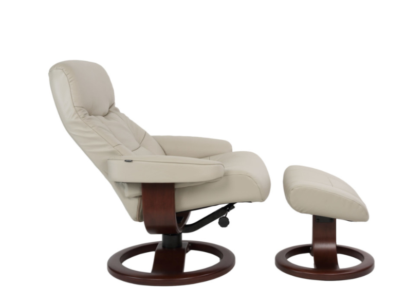 A beige upholstered Fjords Muldal recliner with a wooden base, featuring a round ottoman.