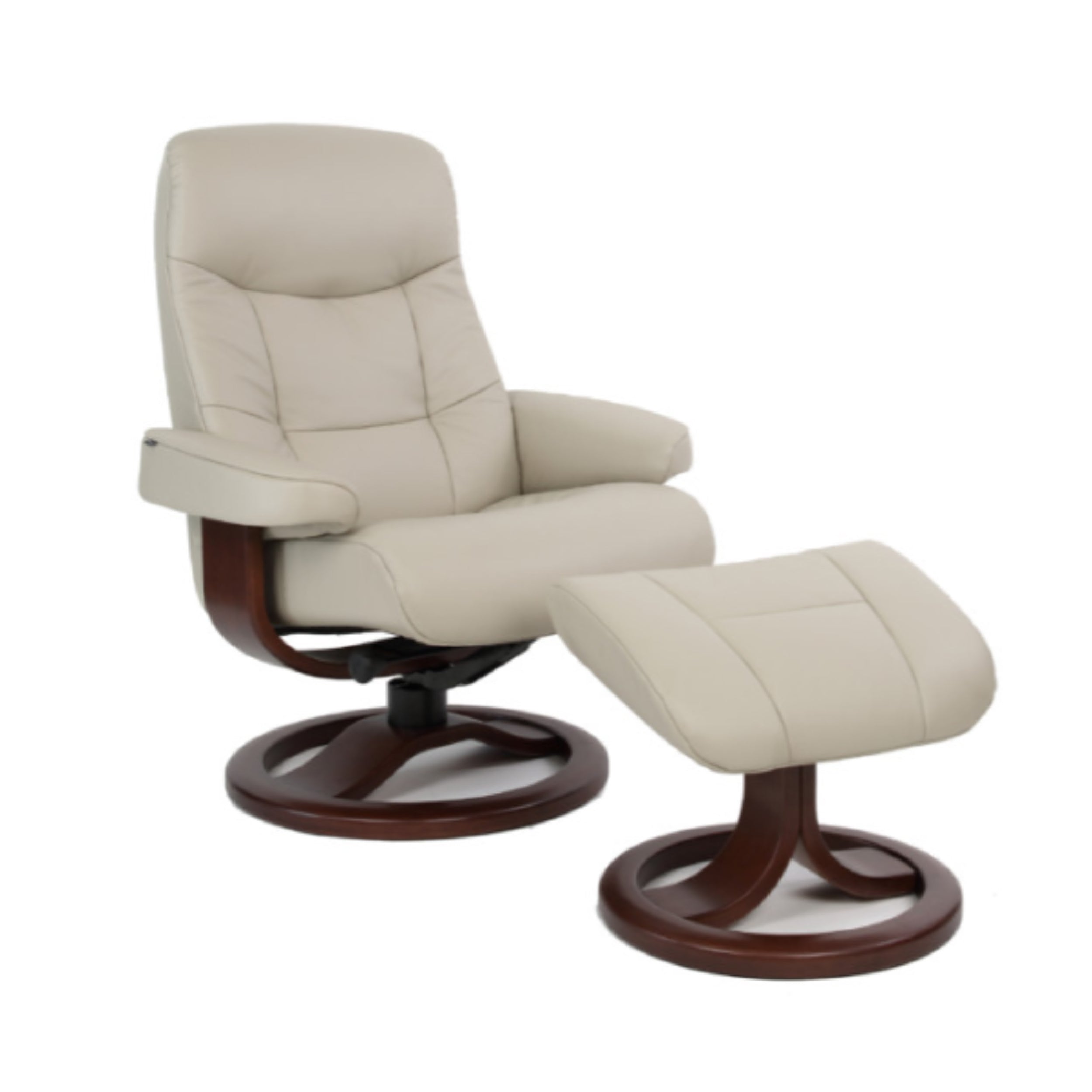 A beige upholstered Fjords Muldal recliner with a wooden base, featuring a round ottoman.