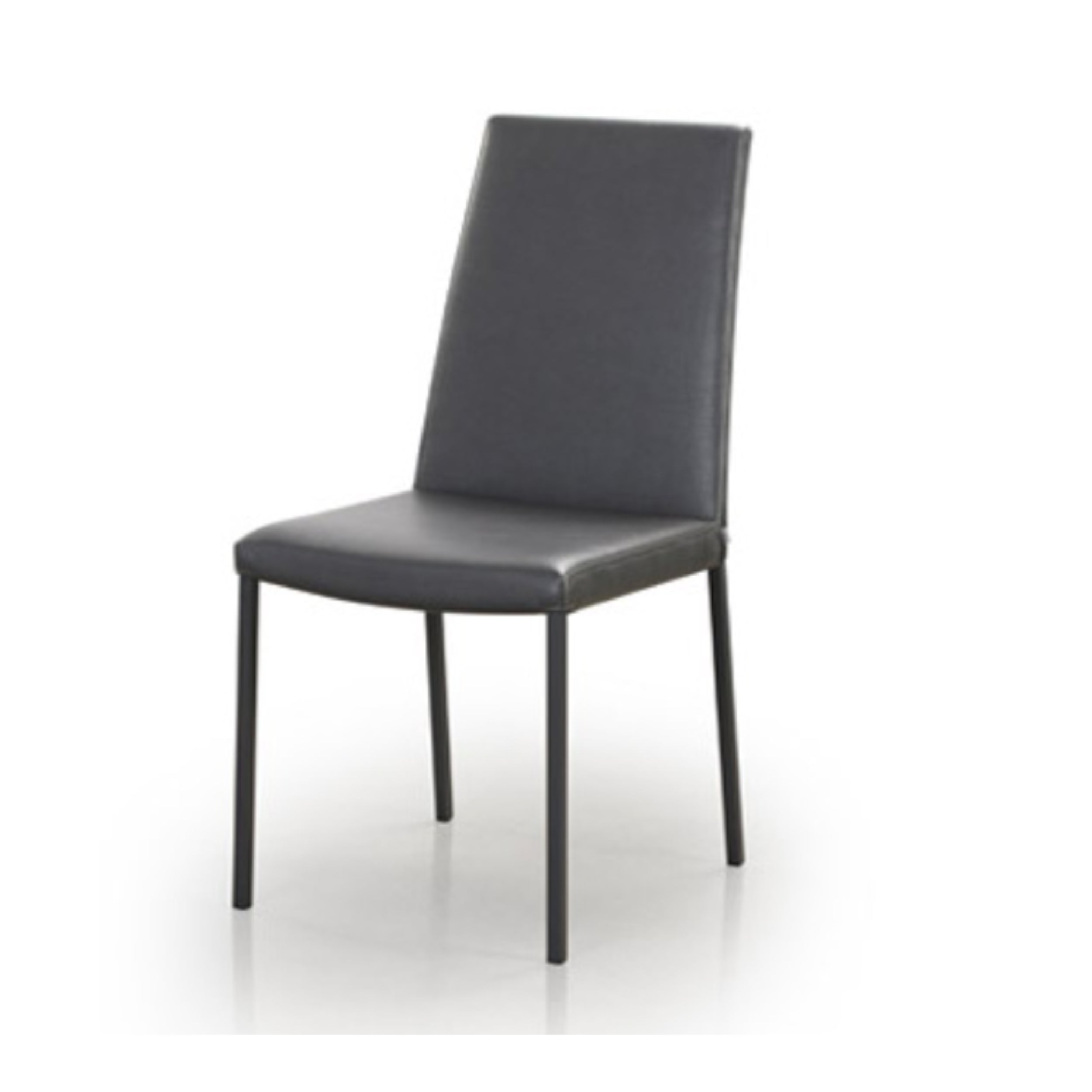 A black upholstered dining chair with a tubular steel frame and a high backrest.