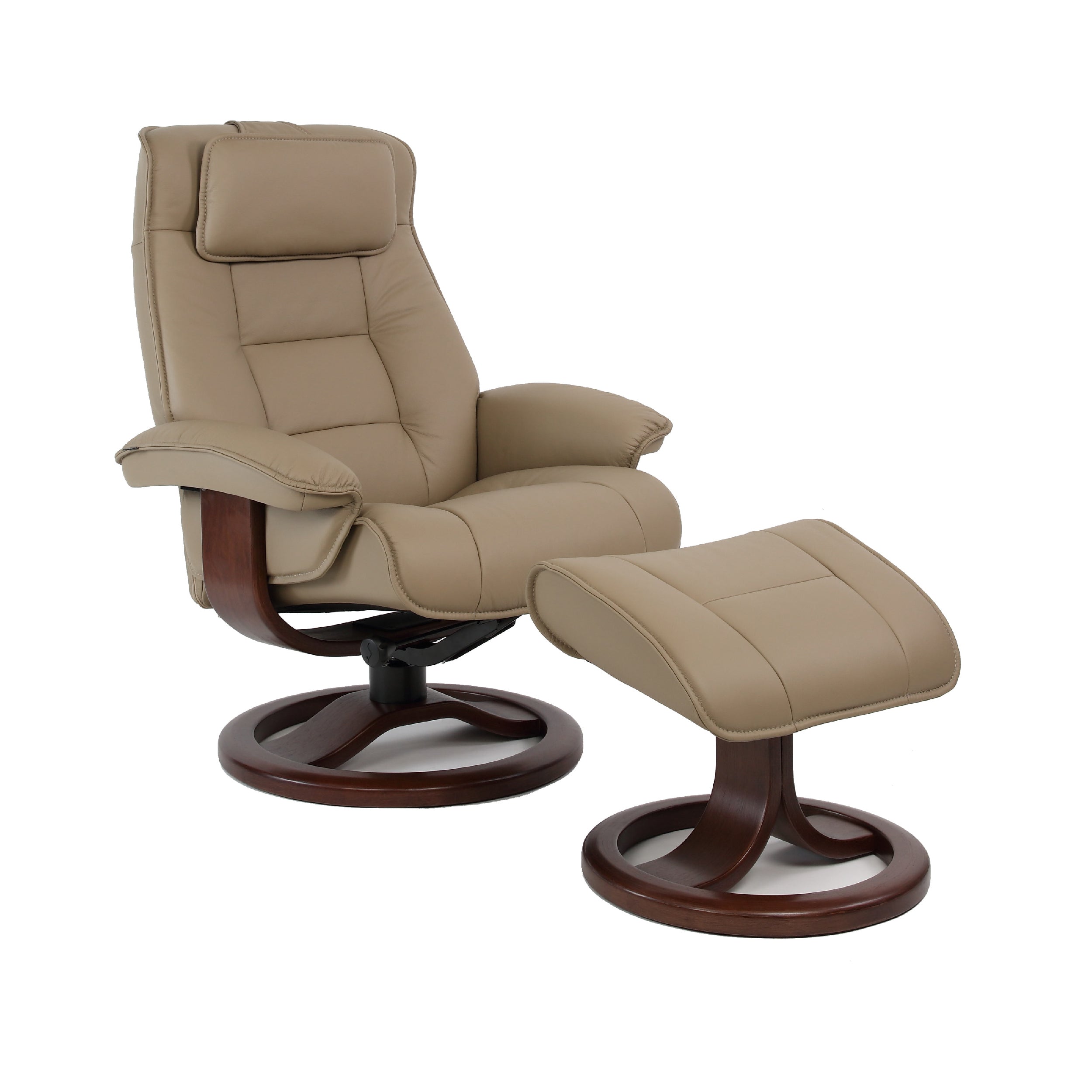 A beige Fjords Mustang recliner with a wooden base and neck pillow, featuring a remote control on the right armrest.