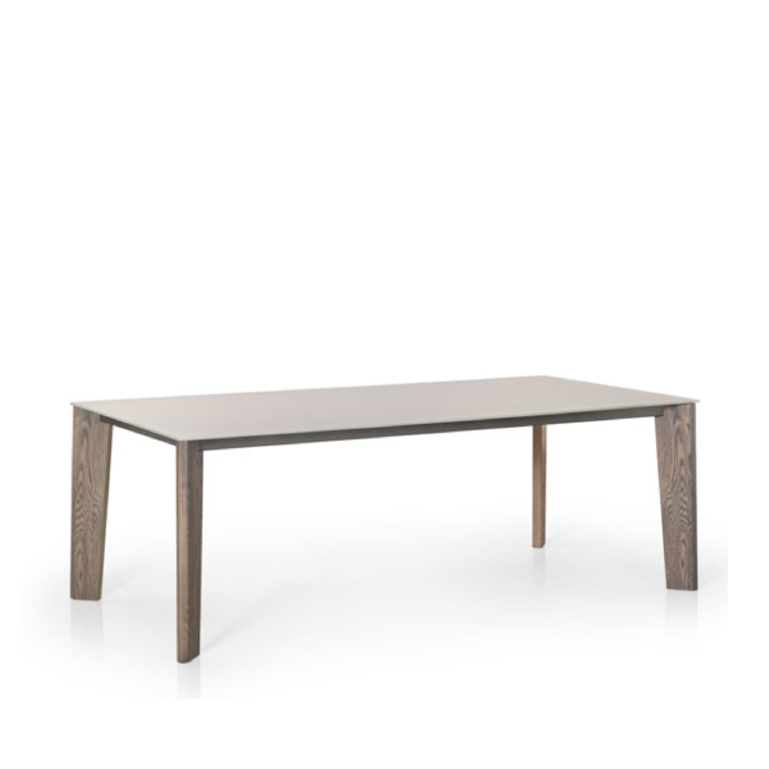 A rectangular dining table with a metal and solid wood frame, featuring a flat polished edge glass top.
