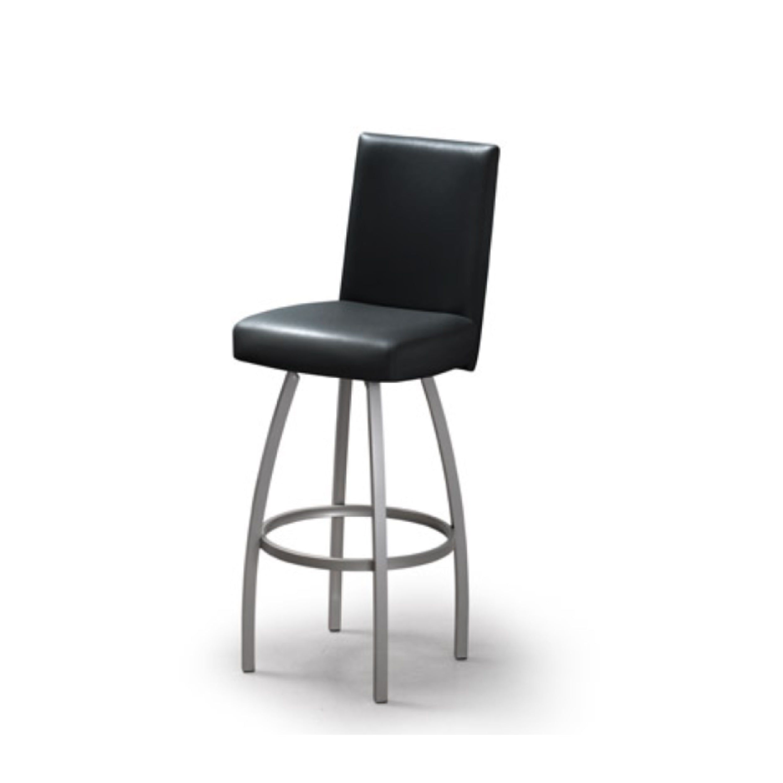 A black upholstered bar stool with a metal frame and a hard backrest, set against a white background.