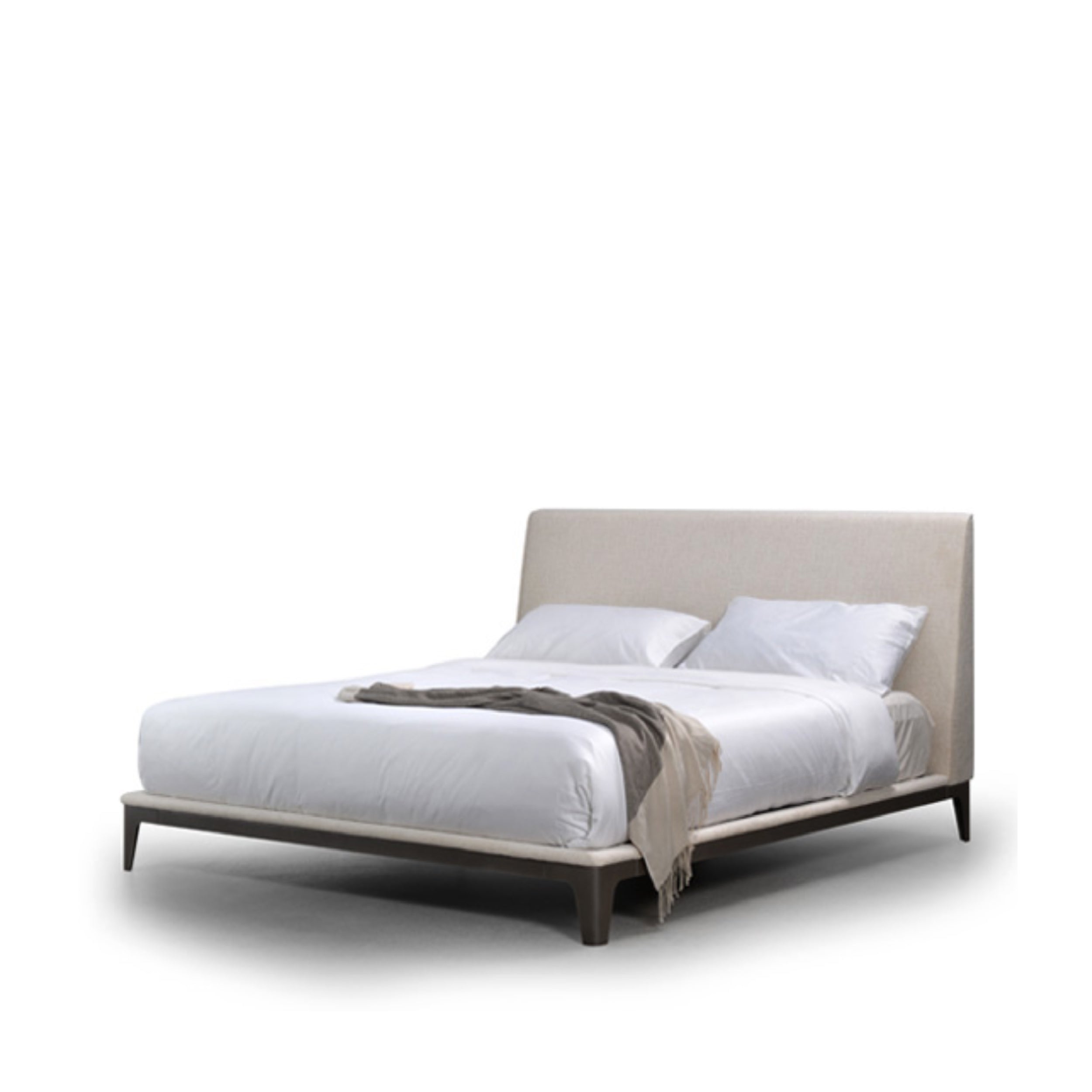 A beige upholstered bed frame with a headboard, powder-coated finish, and set on a white background.