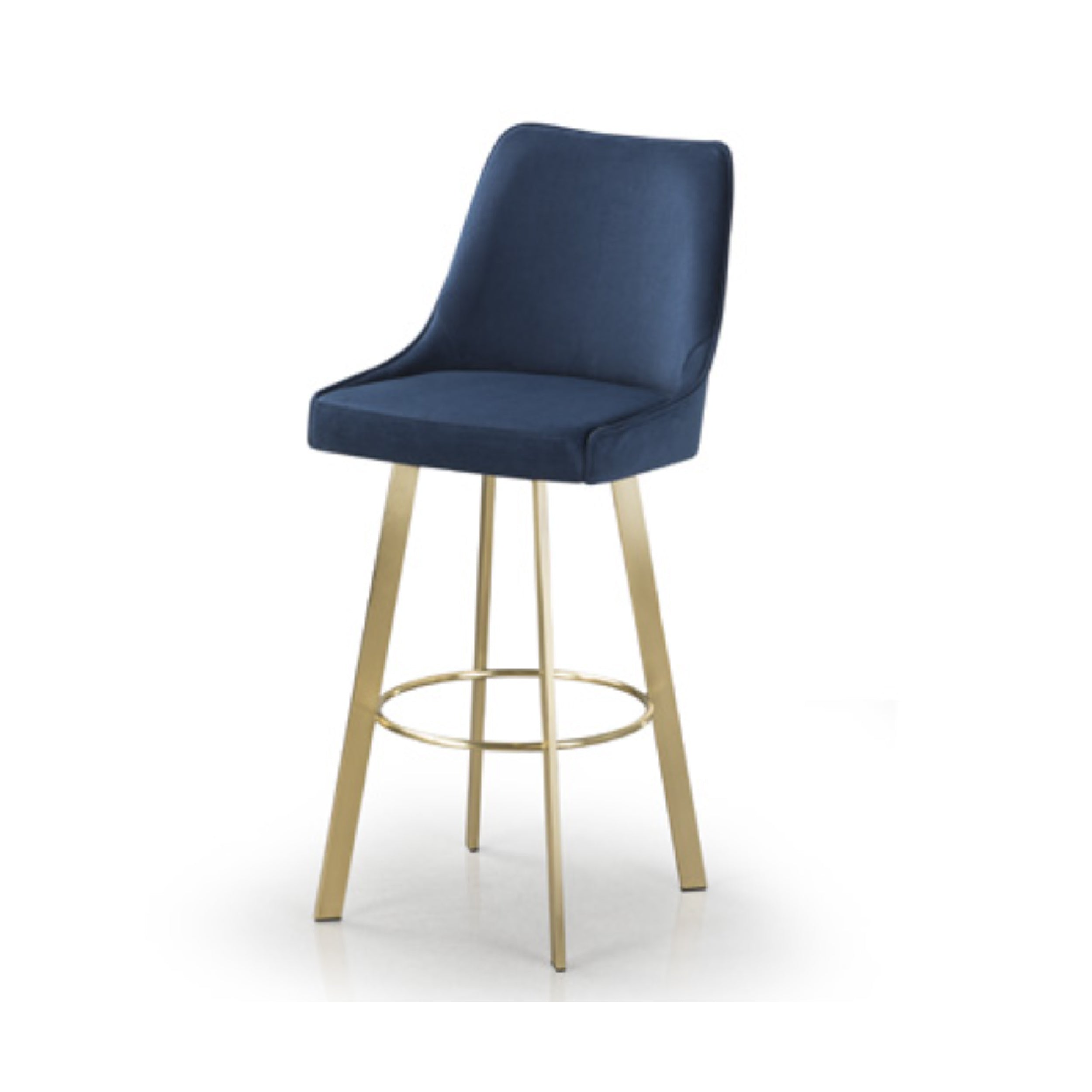 A navy blue upholstered bar stool with a gold-colored fully welded base and a comfort seat cushion.