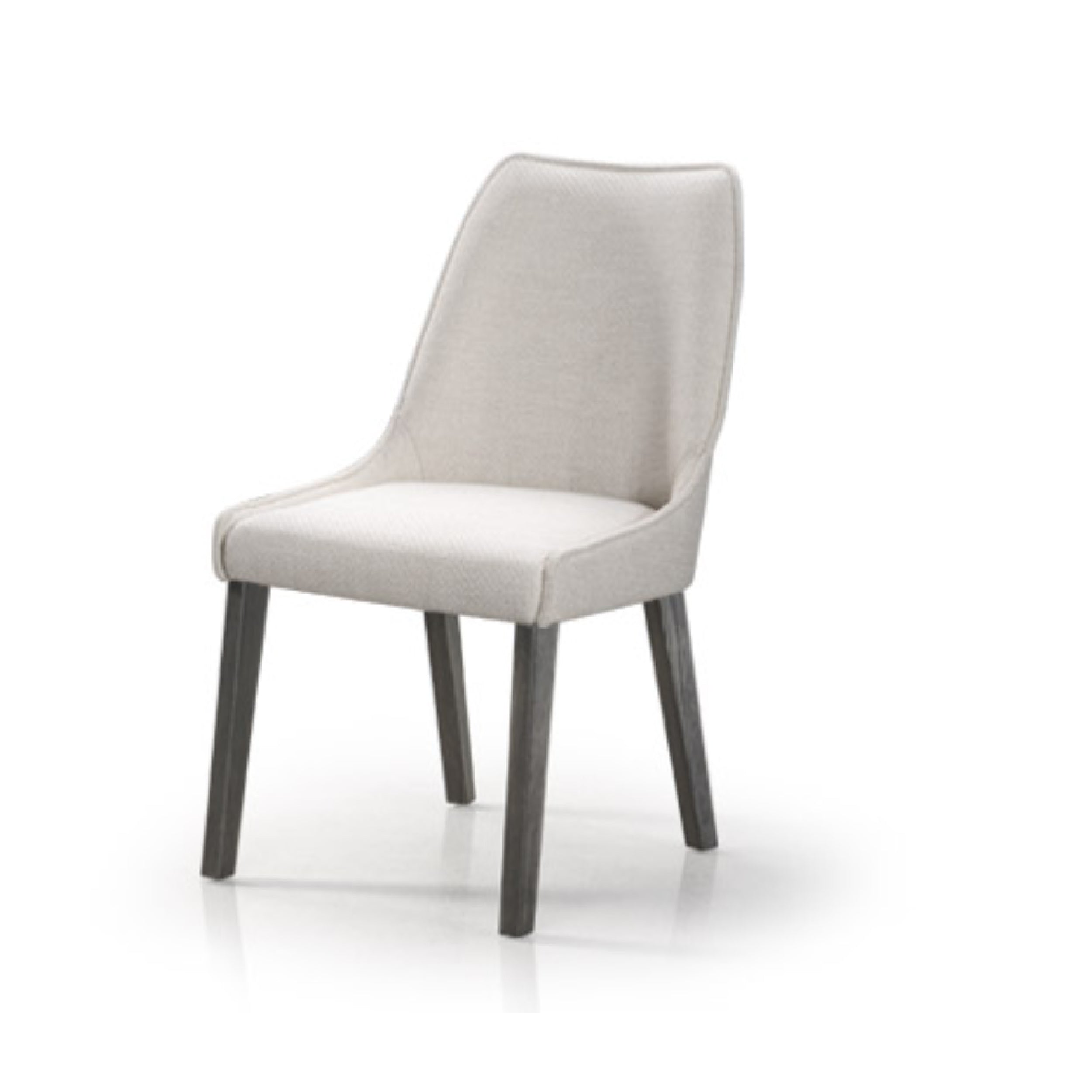 A modern dining chair with a fully welded metal frame and a cushioned seat and backrest upholstered in a solid color fabric.