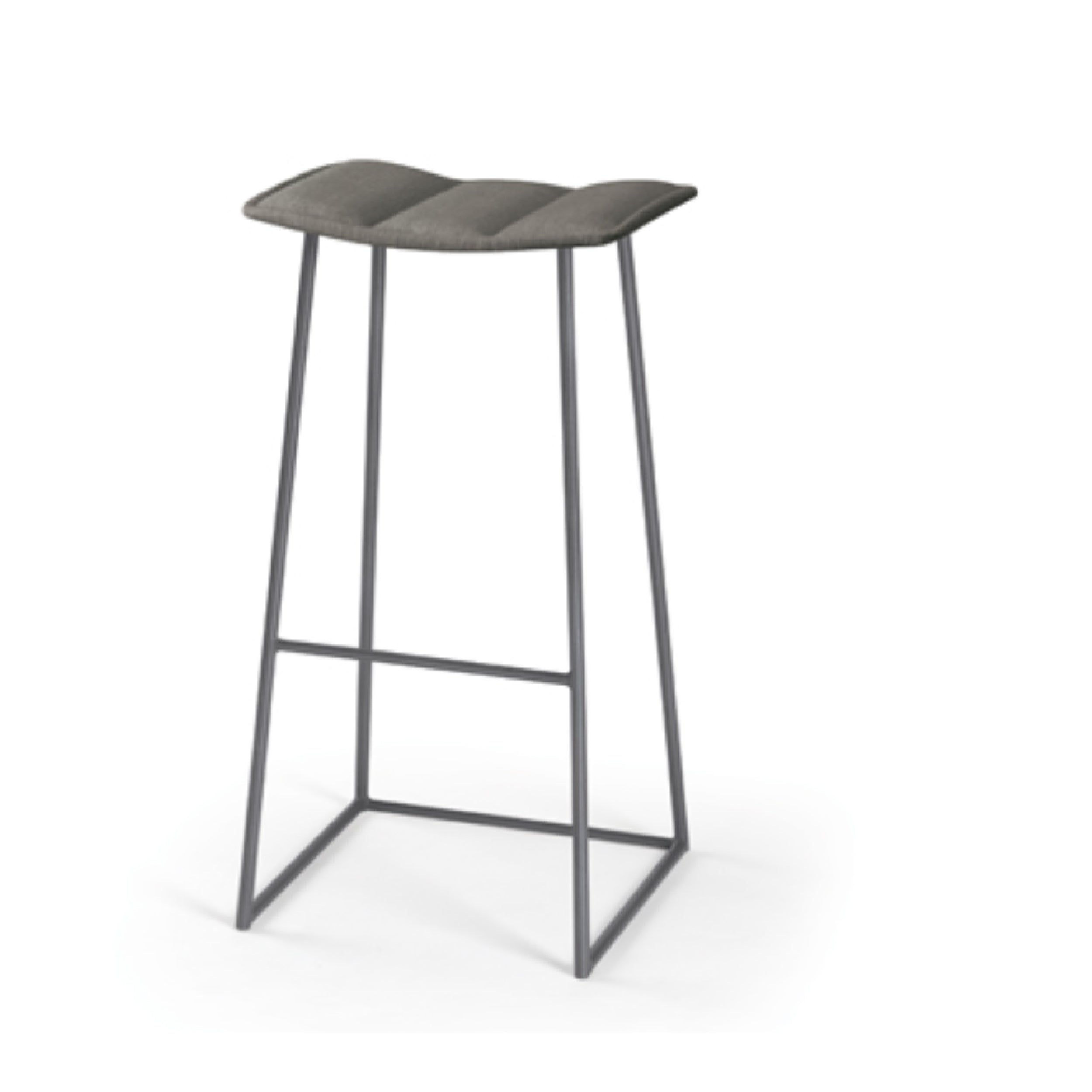 A gray Palmo stool with a cushioned seat and backrest, supported by a fully welded metal frame with a brushed steel finish.