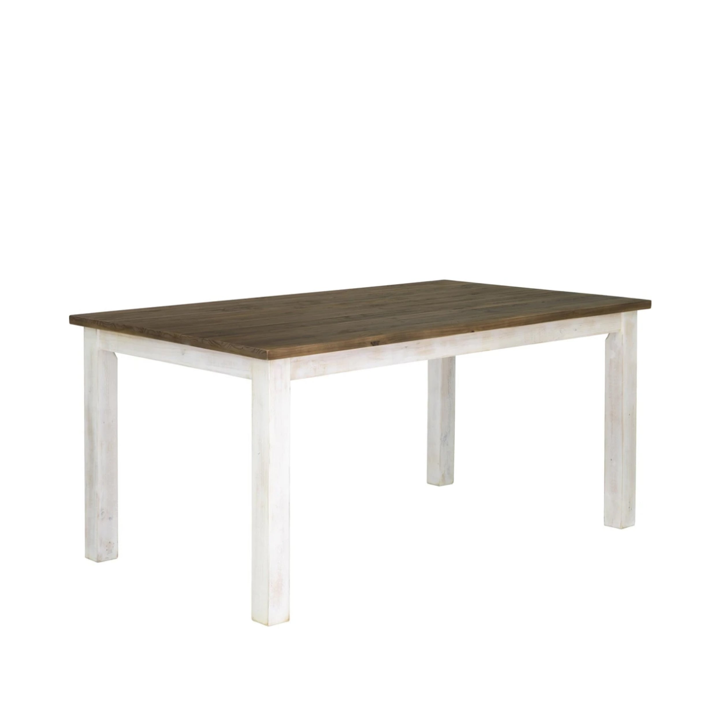 A rectangular dining table with a natural finished top and an antique white finished base.