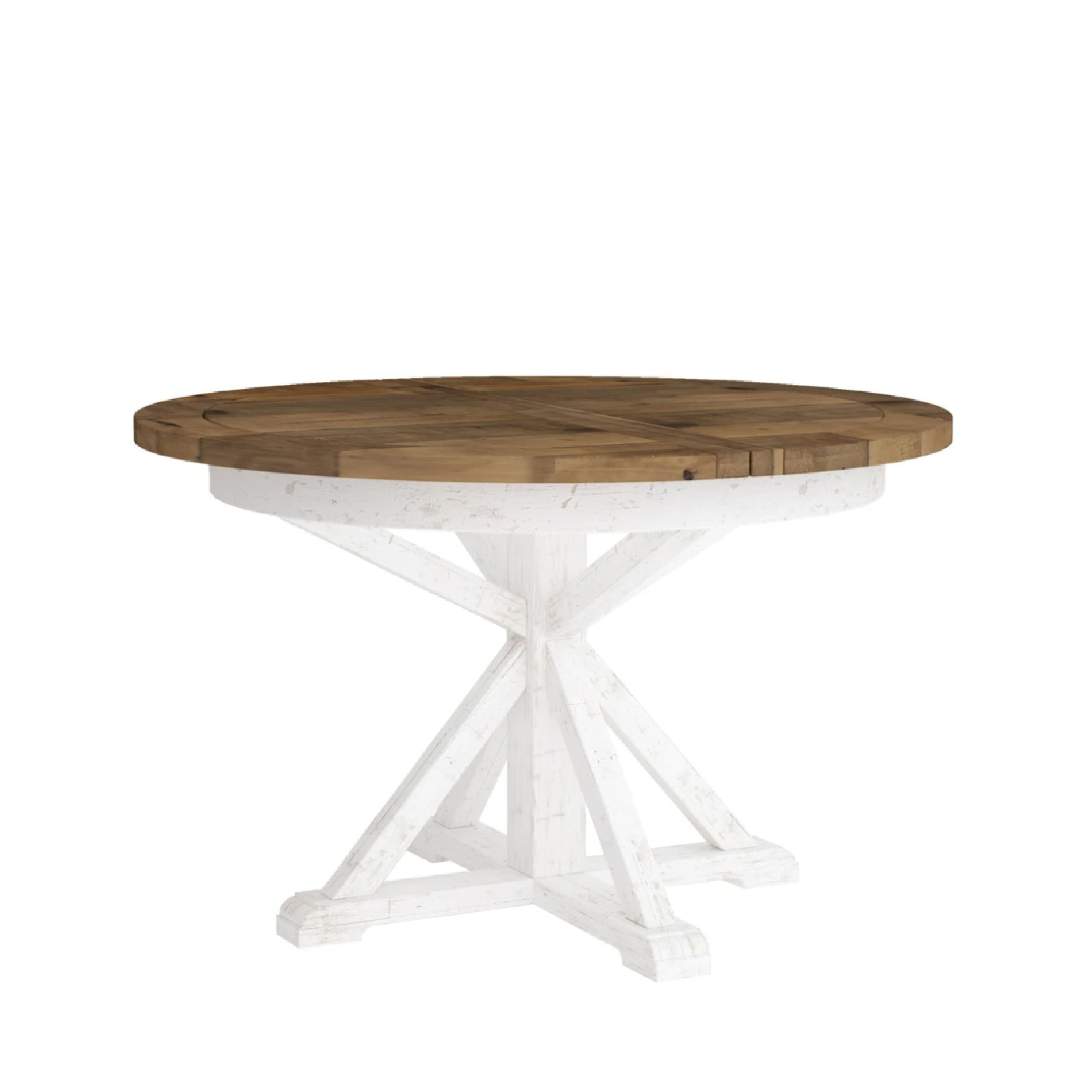 A round dining table with a natural finished top and an antique white finished base.