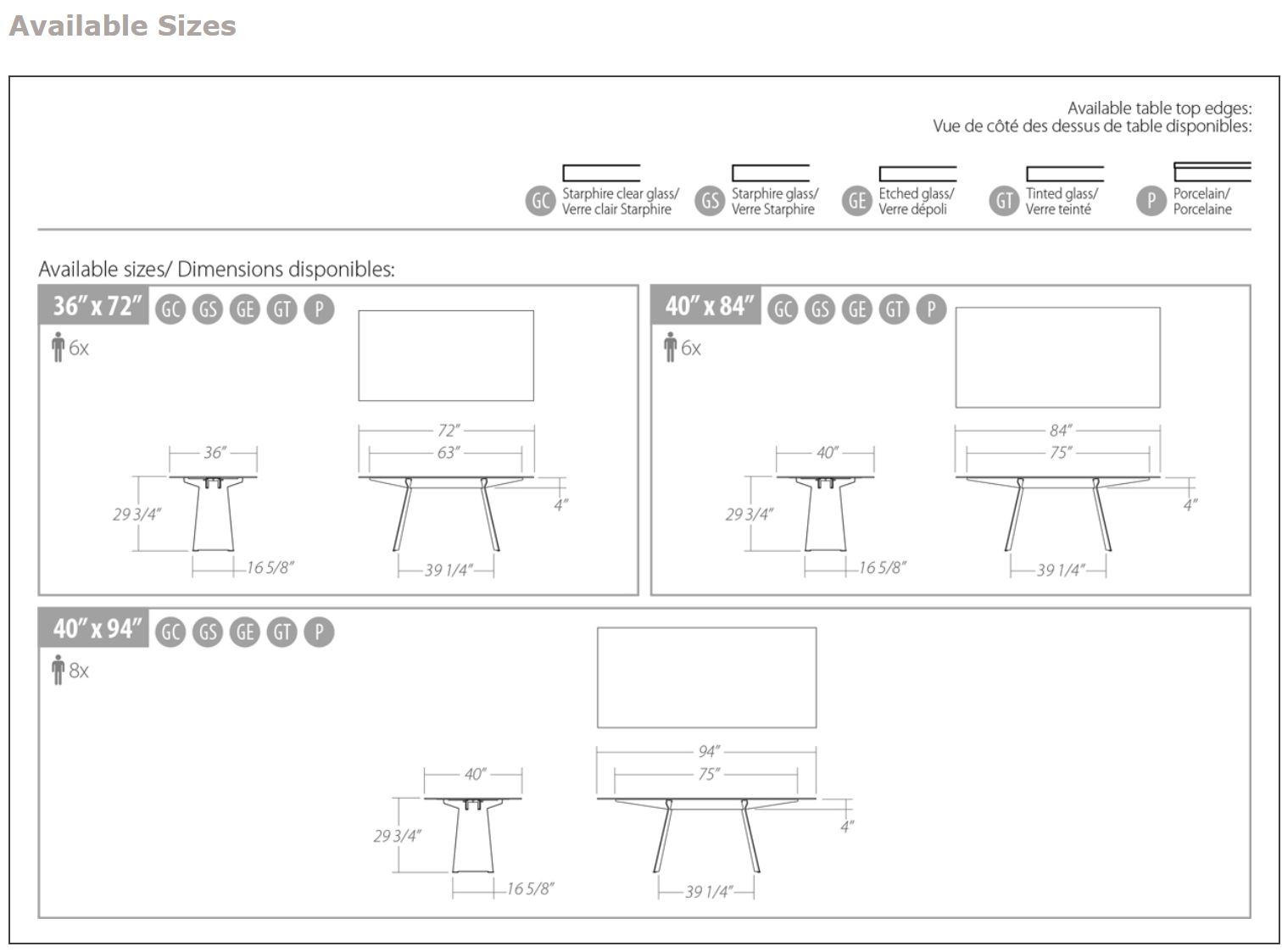 Pure table dimension sheet