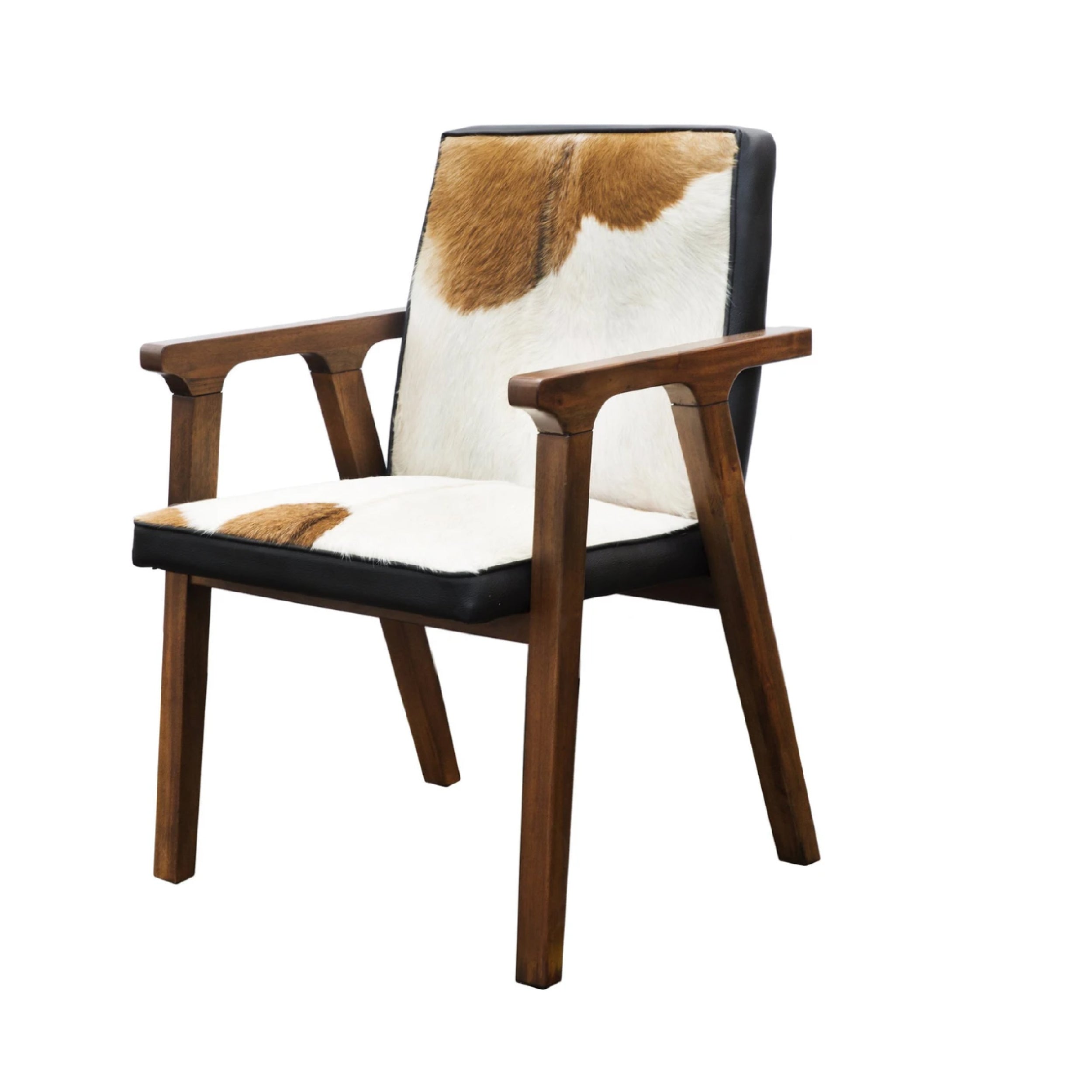 A leather armchair with a goat fur seat and solid oak wood frame, with a black leather backrest and seat cushion.