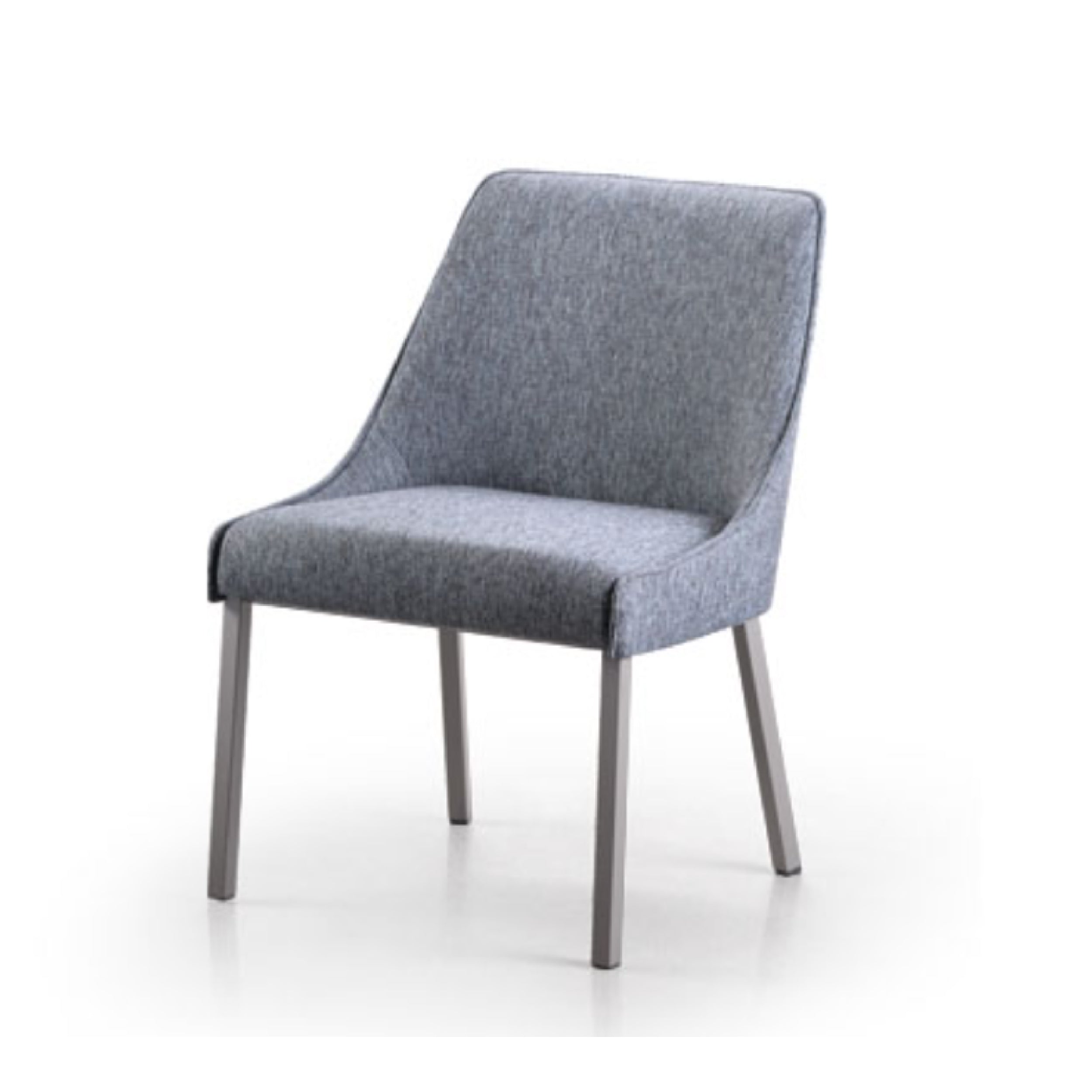 A modern upholstered dining chair with a gray seat and metal legs in a fully welded metal frame design.