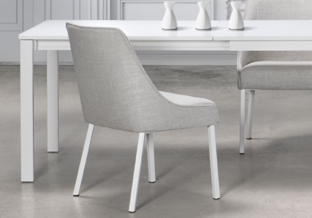 sara grey upholstered chair with a white metal frame