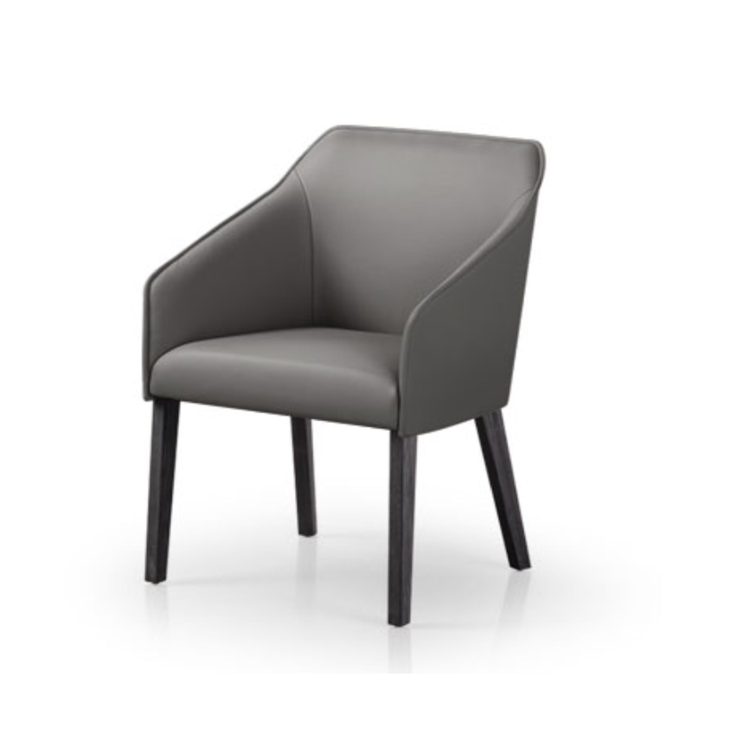 A modern gray upholstered dining chair with a metal frame and wooden legs, set against a white background.