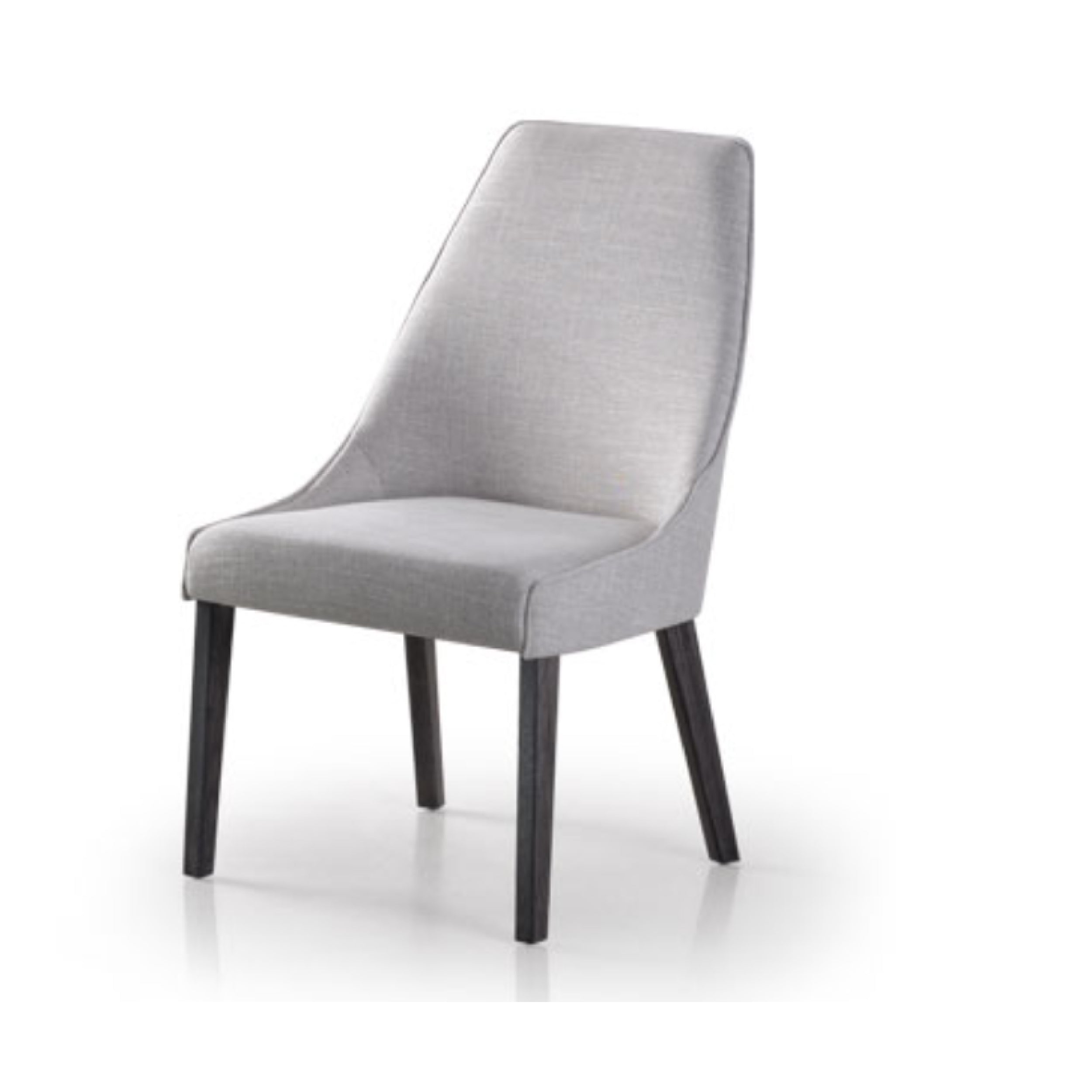 A modern dining chair with a gray upholstered seat and backrest, featuring black metal legs.
