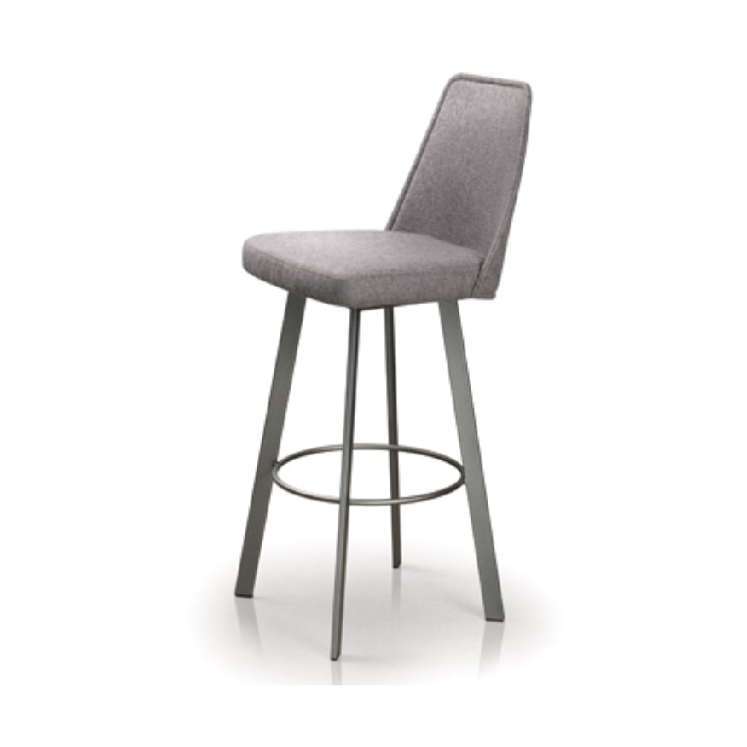 A gray upholstered bar stool with a fully welded base and a round, high resilience foam seat cushion.