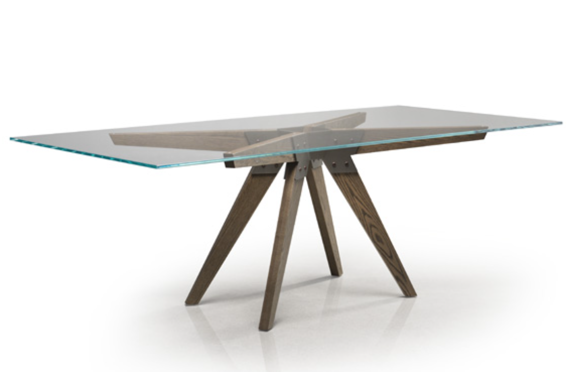 soul table as a rectangular table with a clear glass top and wood legs 