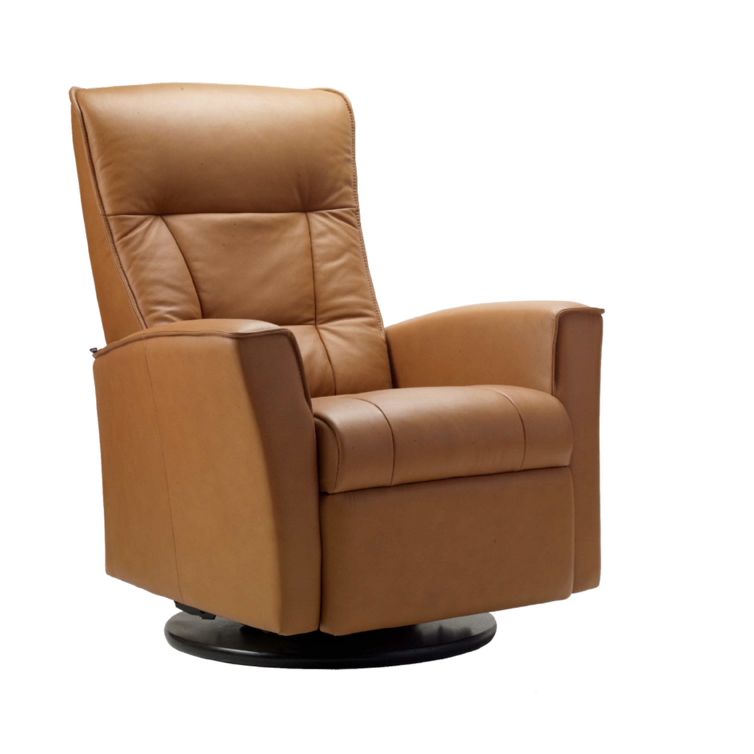 A brown leather Fjords Ulstein swing relaxer recliner with a manual release headrest angle, set on a black base.