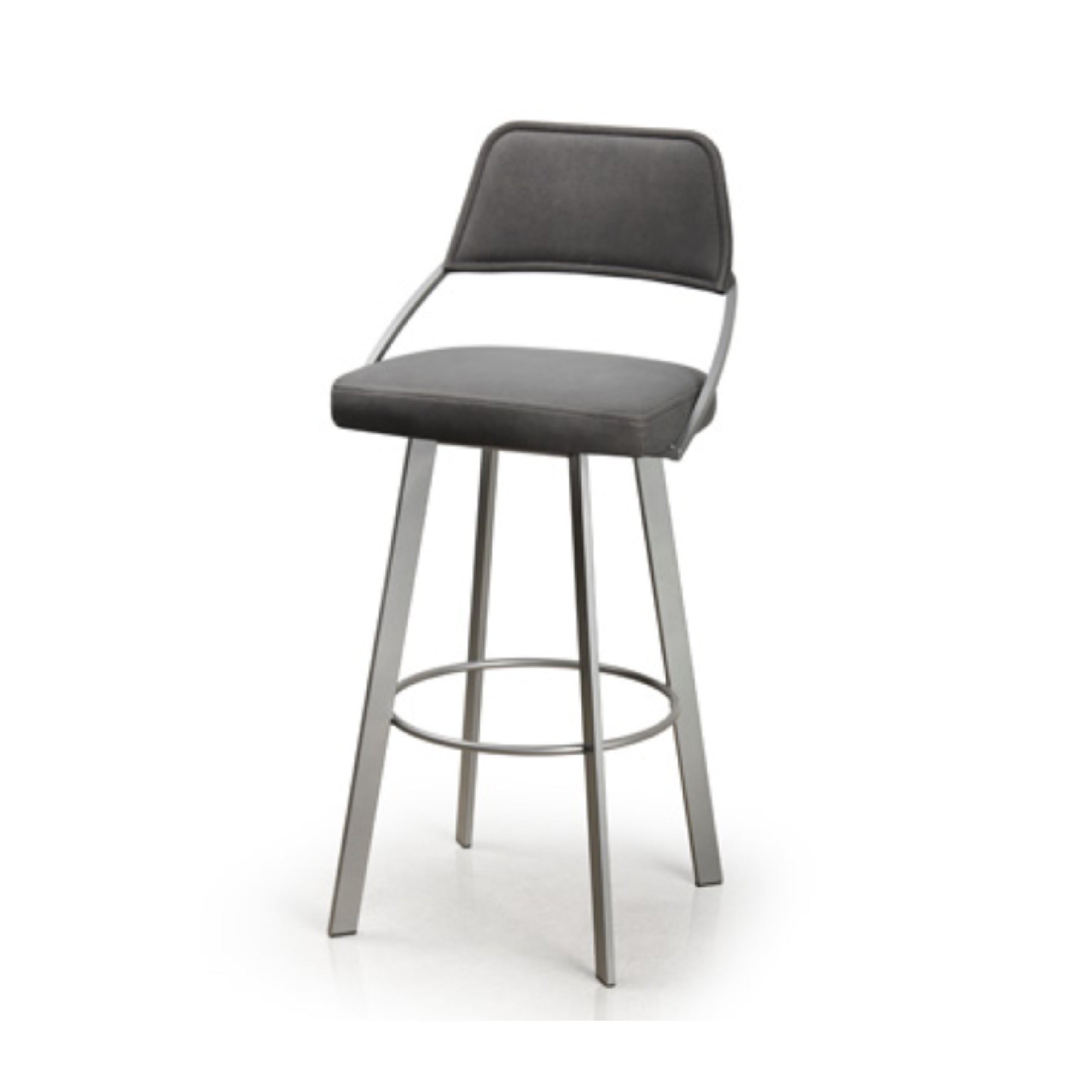 A brushed steel bar stool with a black upholstered seat and backrest, featuring a five-star base and a round swivel seat.
