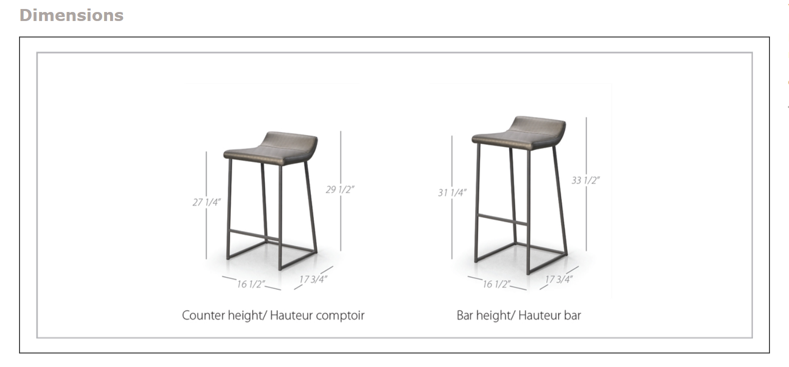 zoey dimension sheet showing bar and counter height options