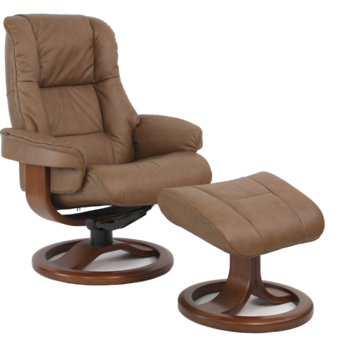 A brown leather Fjords Loen chair with a variable adjustment, featuring a wood base and a 360 degree swivel. The chair is shown in a reclined position.
