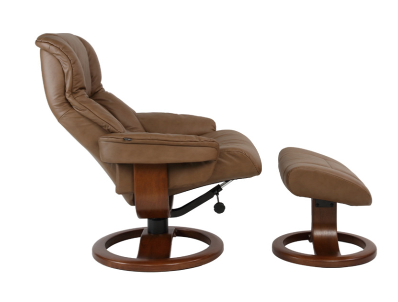 A brown leather Fjords Loen chair with a variable adjustment, featuring a wood base and a 360 degree swivel. The chair is shown in a reclined position.