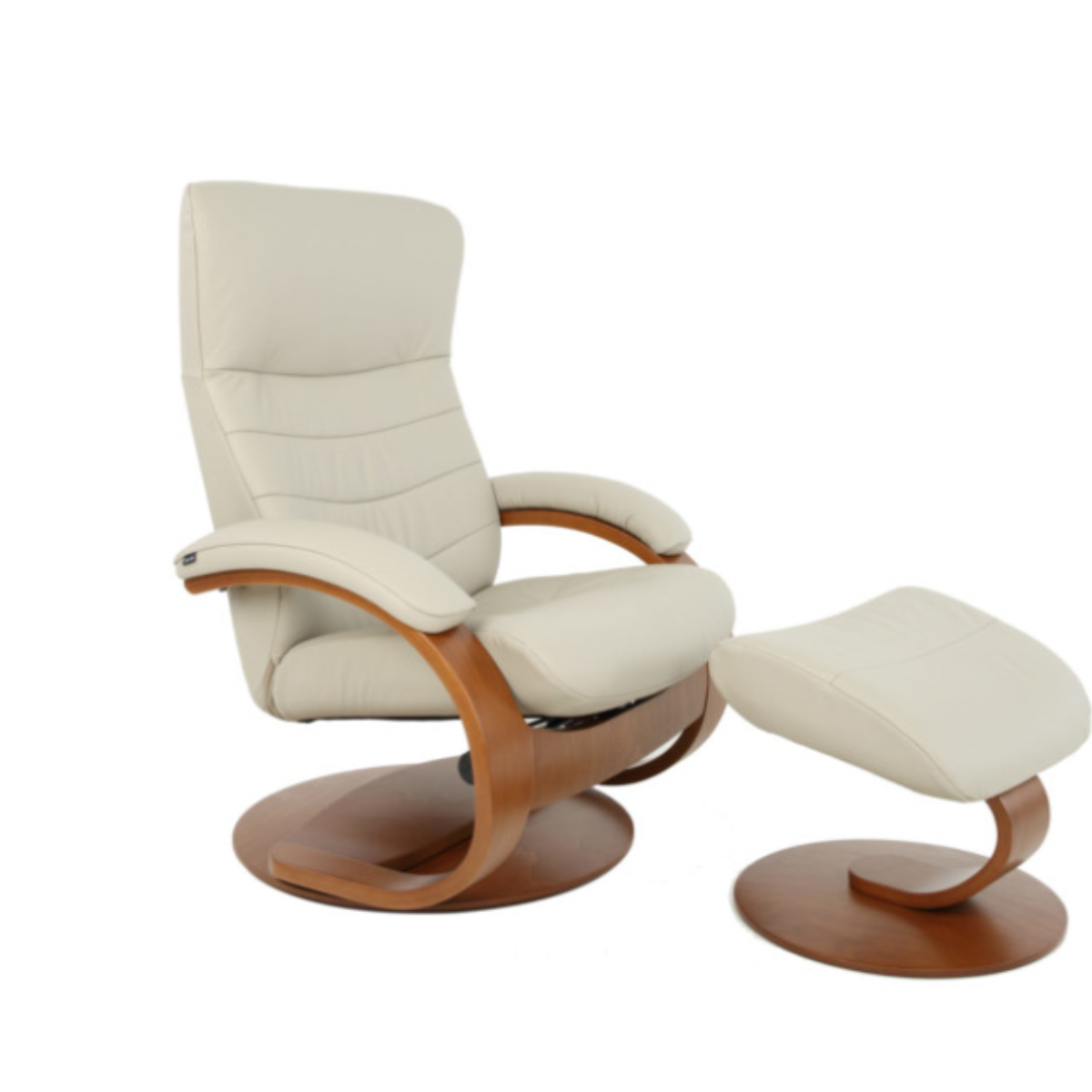 A beige leather Trandal recliner with a wooden frame